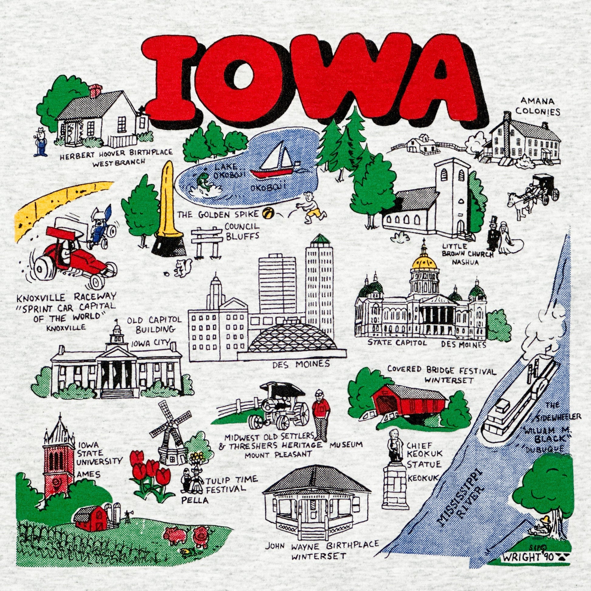 Large 90s Iowa Cartoon Map Tourist T Shirt | Vintage Retro US State Graphic Souvenir Tee