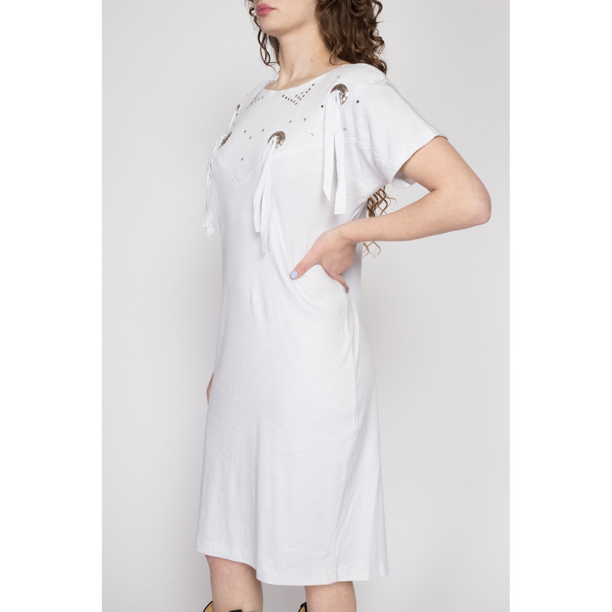 Medium 80s White Western Concho T-Shirt Dress | Vintage Tassel Trim Studded Midi Dress