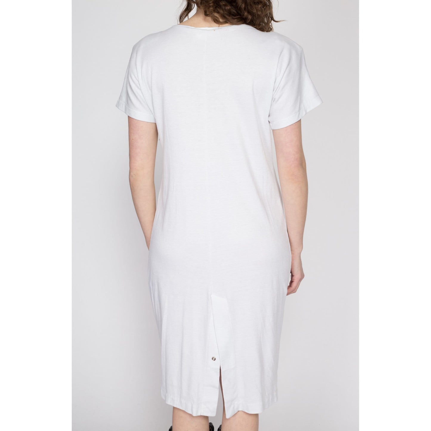 Medium 80s White Western Concho T-Shirt Dress | Vintage Tassel Trim Studded Midi Dress