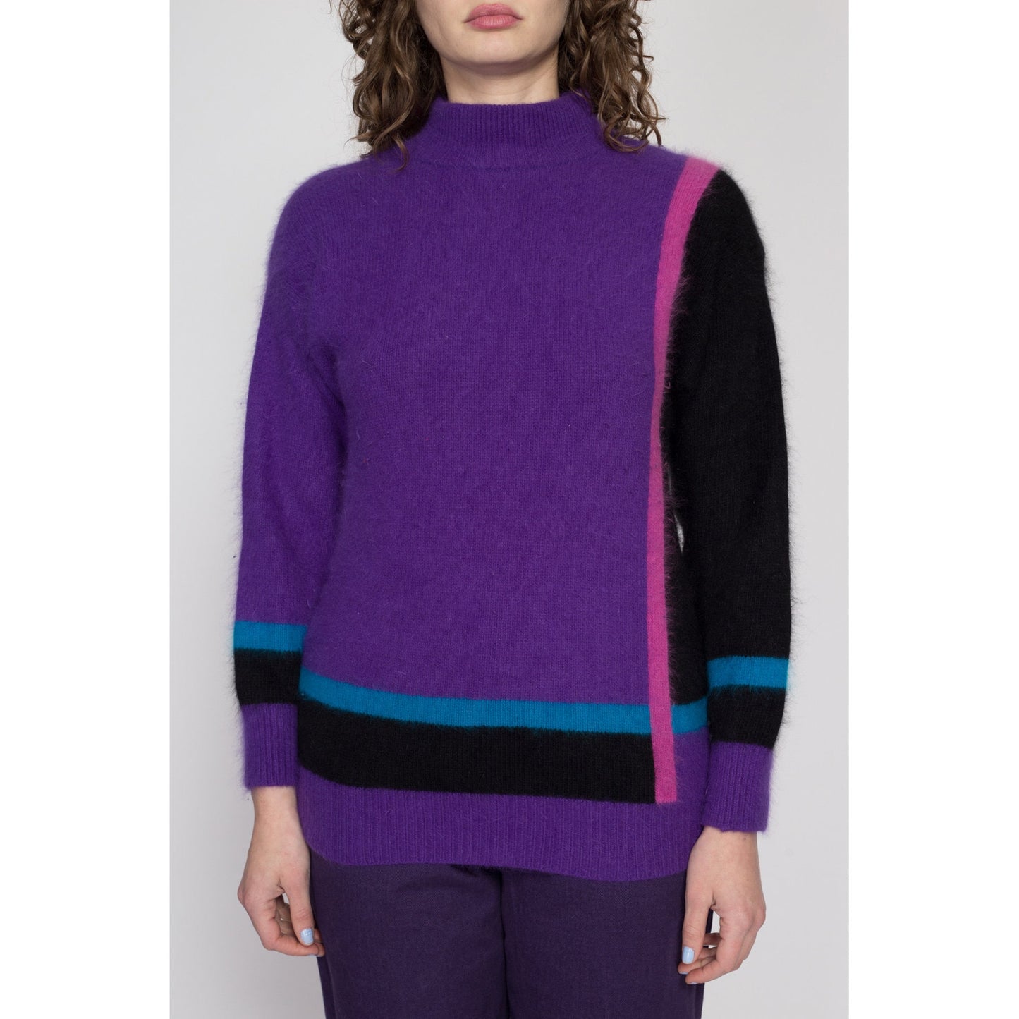 Medium 80s Purple Angora Color Block Sweater | Vintage Knit Funnel Neck Pullover Jumper