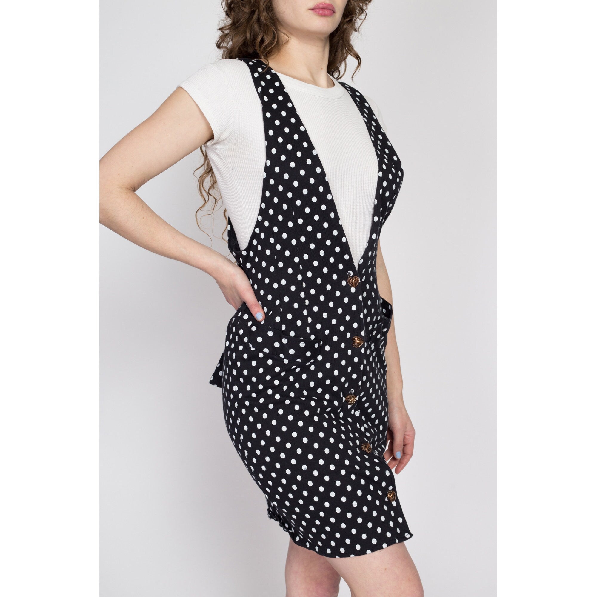 Sm Med 80s Black White Polka Dot Pinafore Mini Dress Flying Apple Vintage