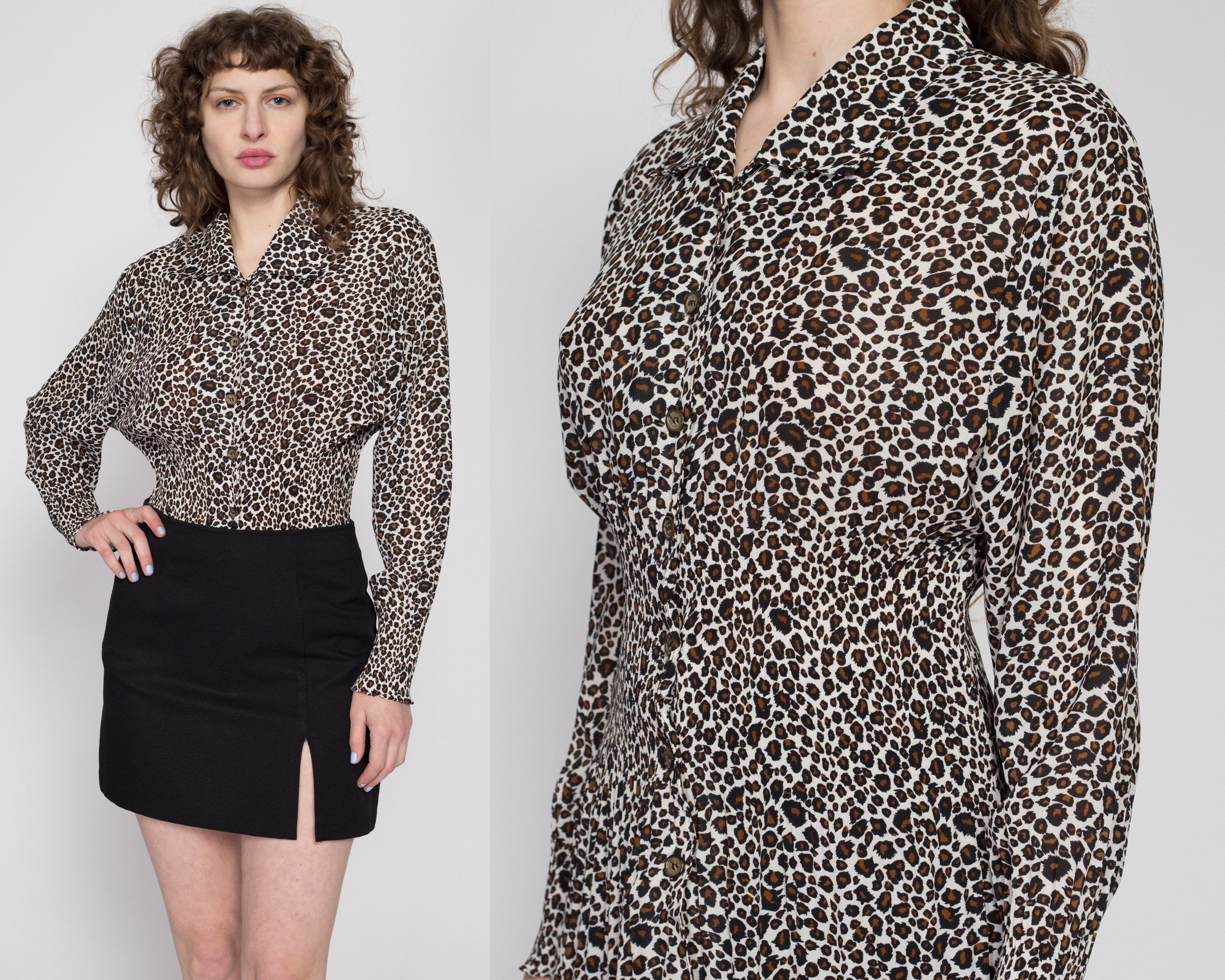 Large 80s Leopard Print Fitted Waist Blouse Flying Apple Vintage