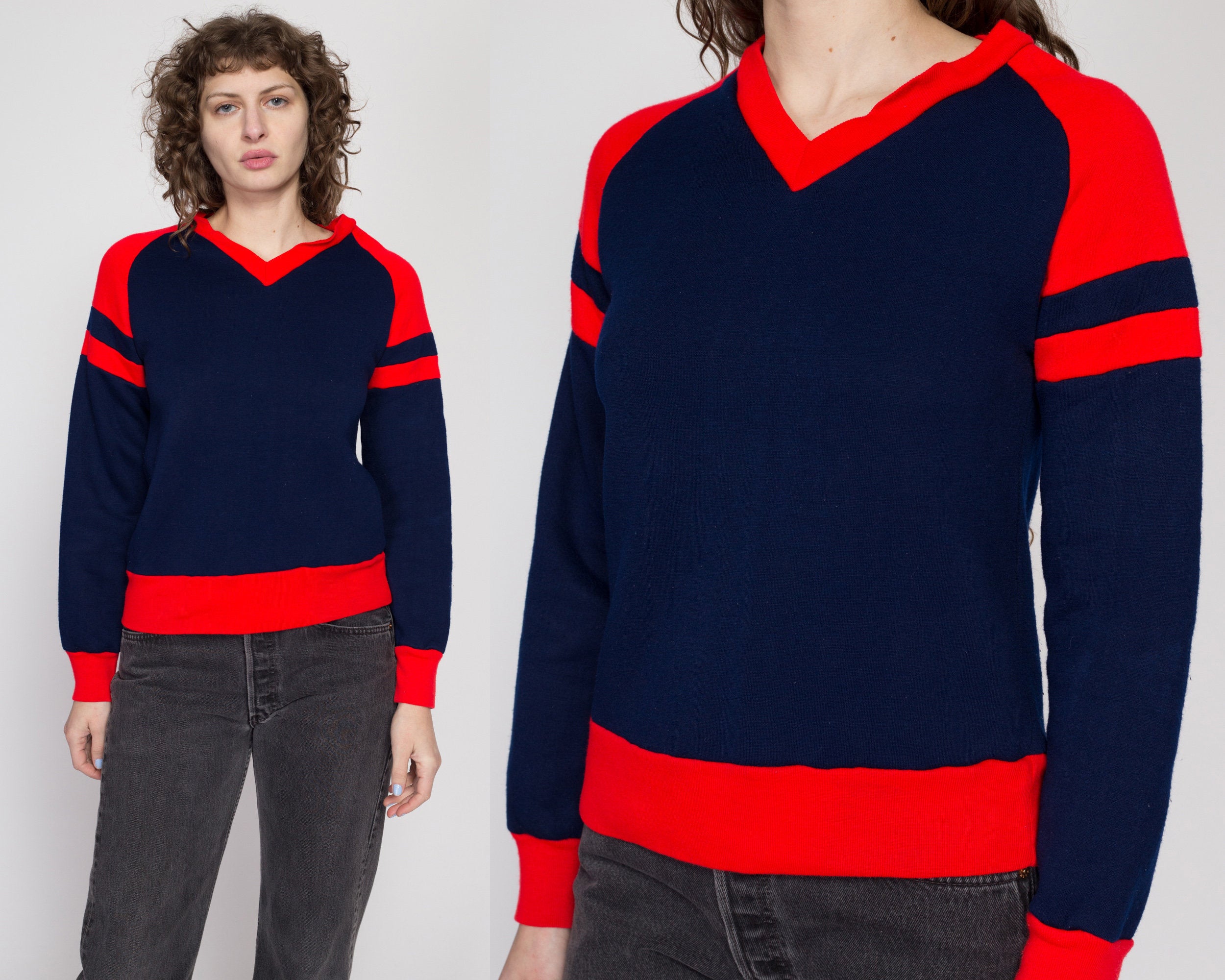 Medium 80s Navy Blue Red Color Block Sweatshirt Flying Apple Vintage