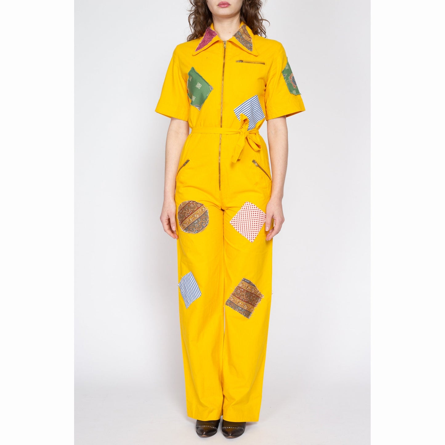 Medium 70s Yellow Patchwork Coverall Jumpsuit | Retro Vintage Collared Straight Leg Zip Up Boiler Suit One Piece Outfit