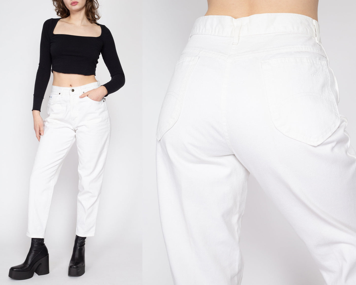 Medium 80s Chic White Denim Jeans 29" Petite | Vintage High Waisted Tapered Leg Mom Jeans