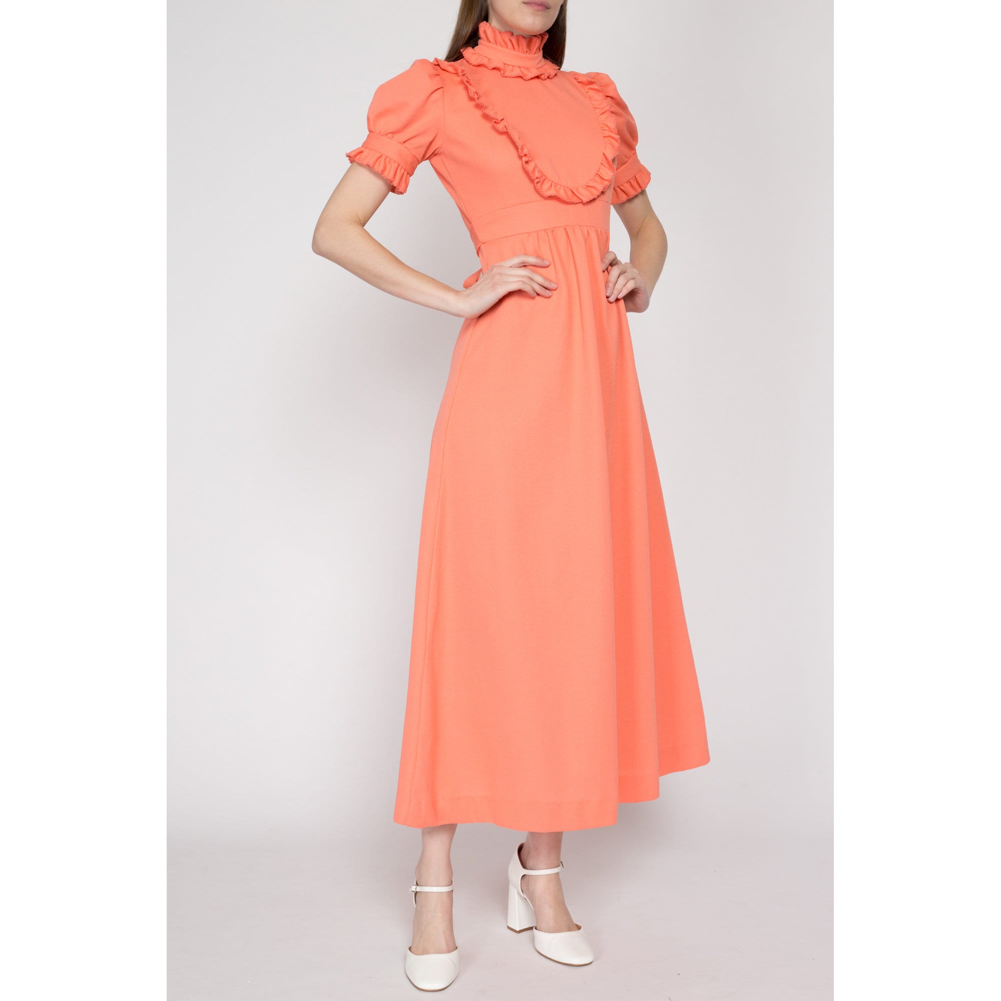 Shops vintage 70s 80s orange zip up chiffon ruffle pleated maxi dress