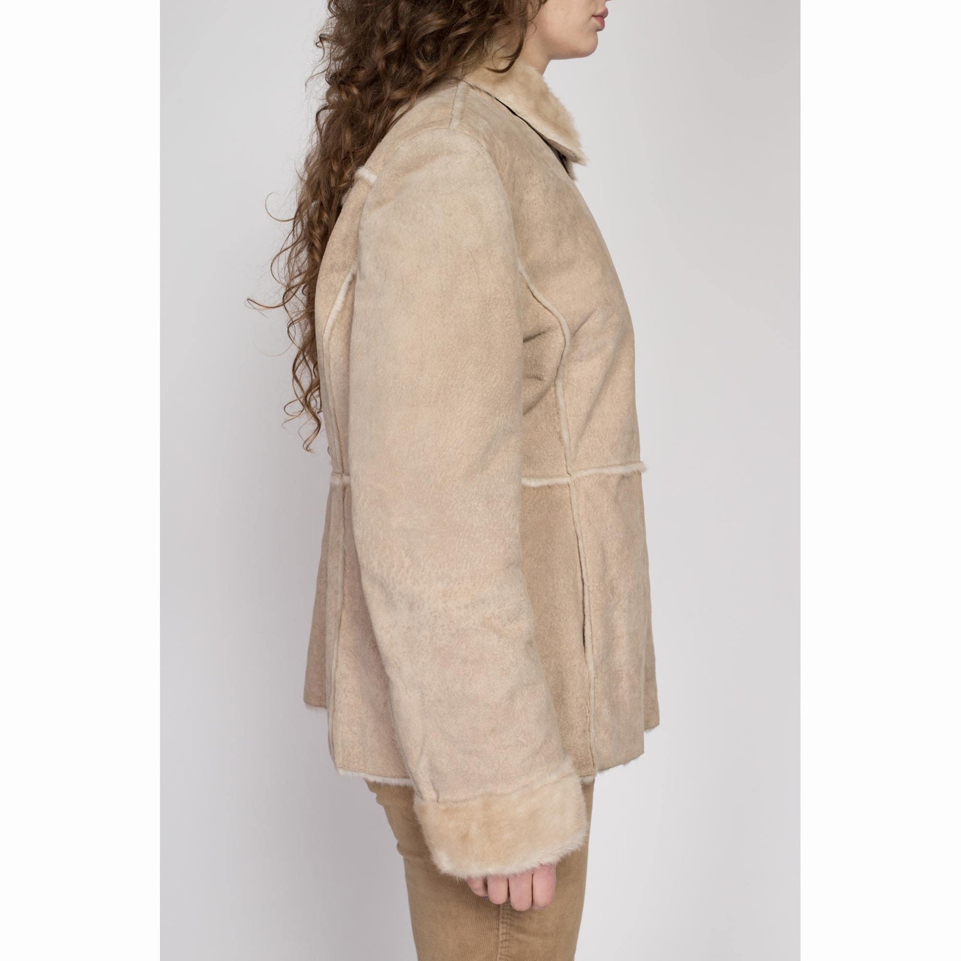 XL Y2K Guess Tan Suede Shearling Coat | Vintage Zip Up Patchwork Leather Faux Fur Lined Jacket