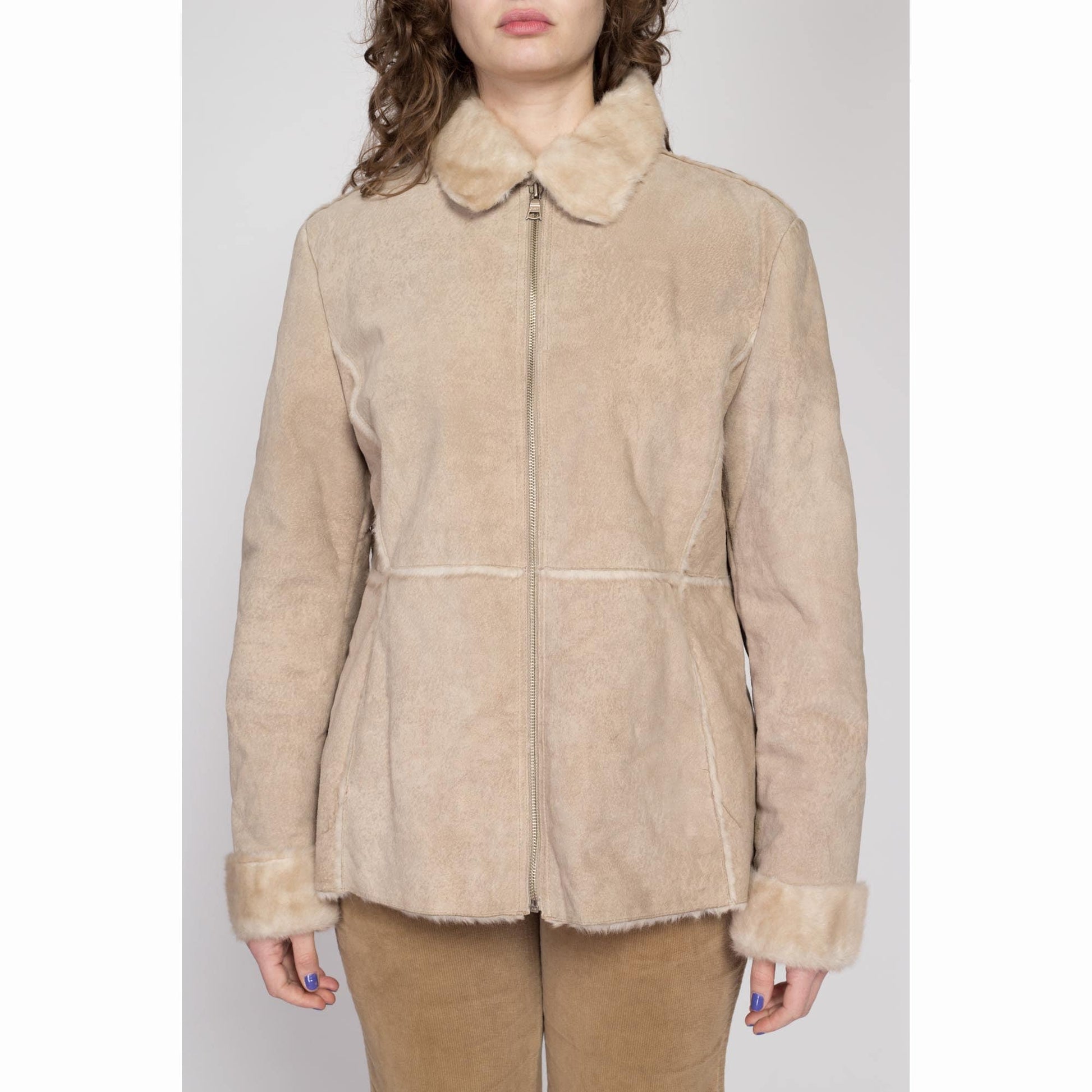 XL Y2K Guess Tan Suede Shearling Coat | Vintage Zip Up Patchwork Leather Faux Fur Lined Jacket