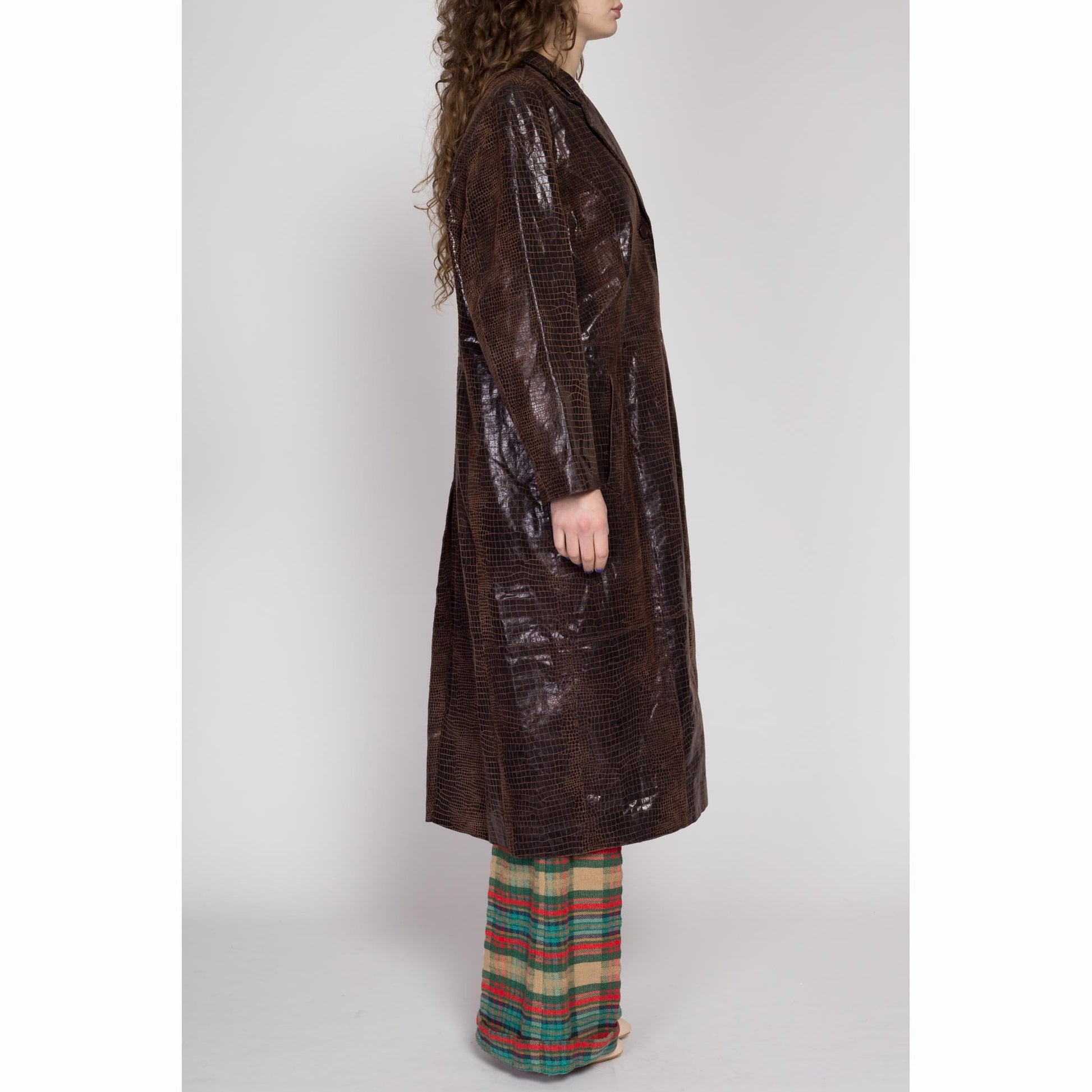 XL 90s Brown Snakeskin Embossed Leather Trench Coat | Vintage Oversize Button Up Long Maxi Duster Jacket