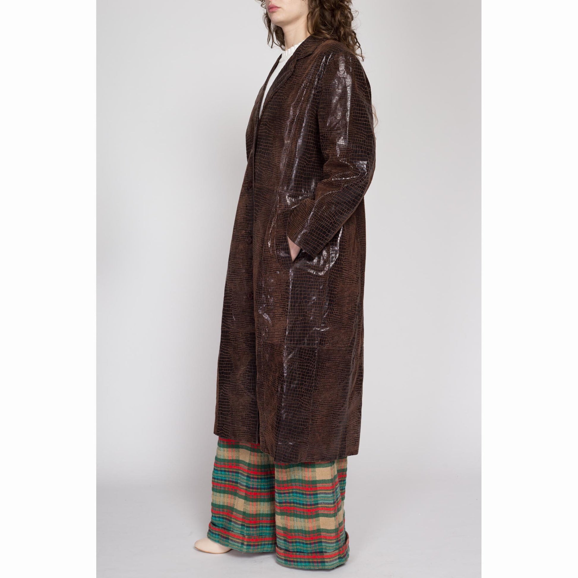 XL 90s Brown Snakeskin Embossed Leather Trench Coat | Vintage Oversize Button Up Long Maxi Duster Jacket