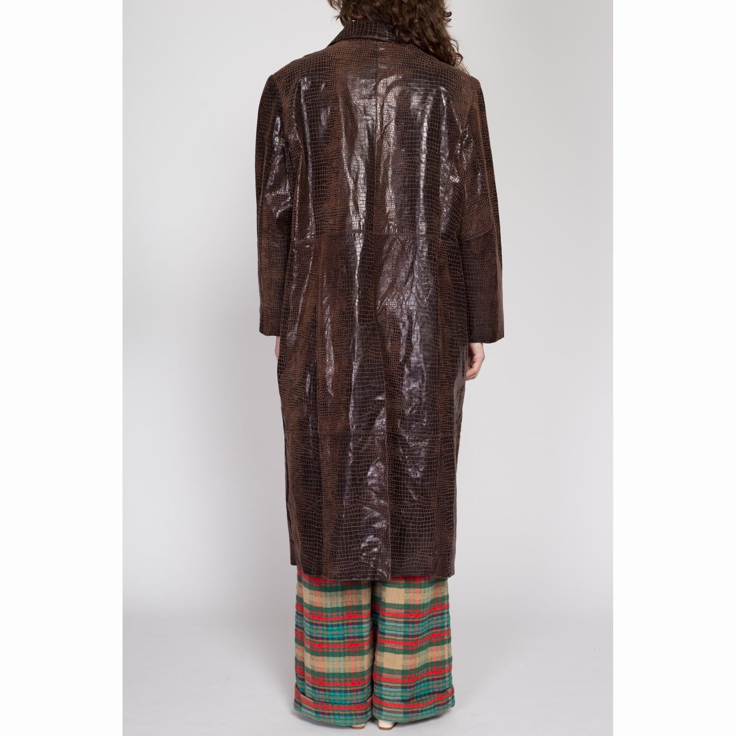 XL 90s Brown Snakeskin Embossed Leather Trench Coat | Vintage Oversize Button Up Long Maxi Duster Jacket