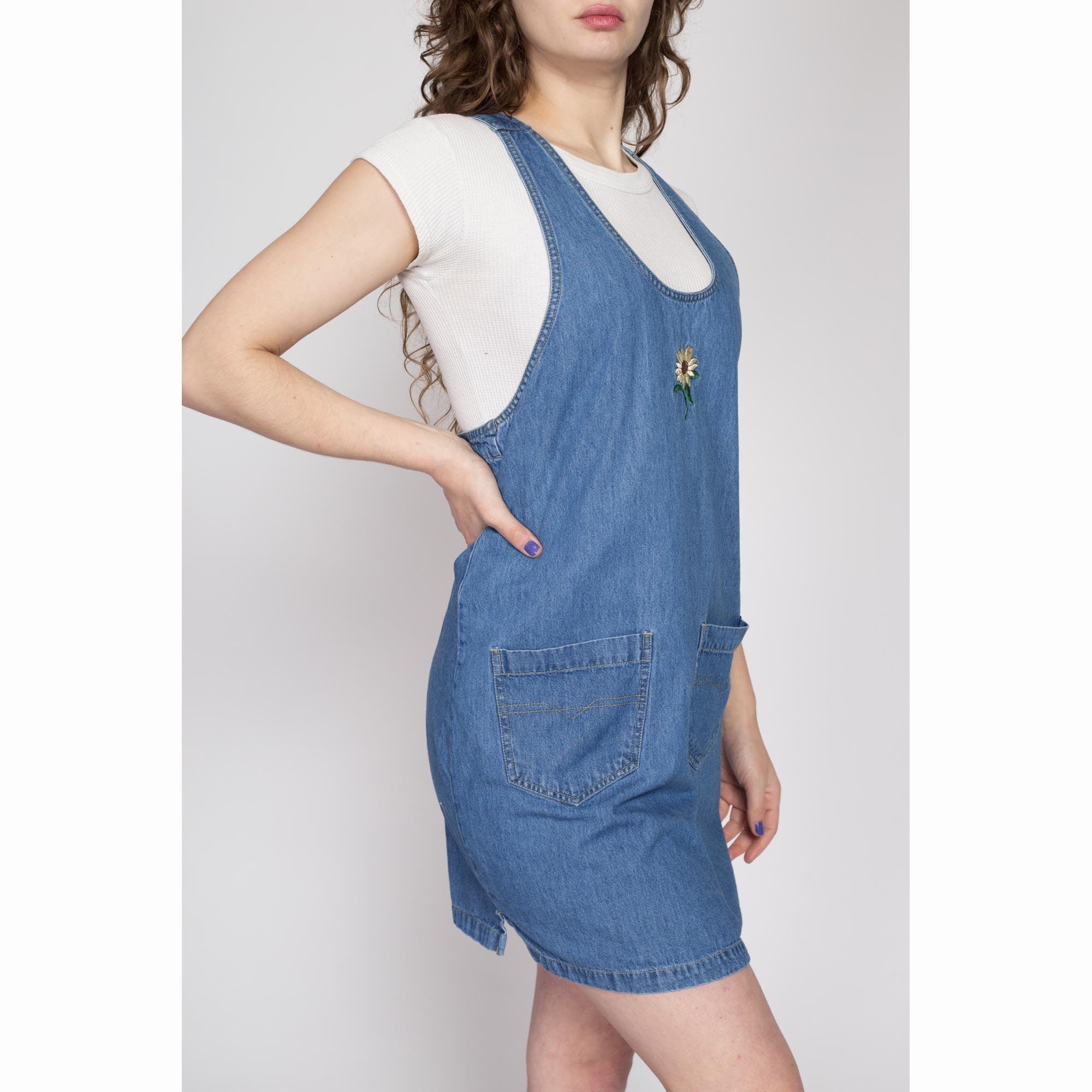 Medium 90s Denim Daisy Pinafore Mini Dress Flying Apple Vintage