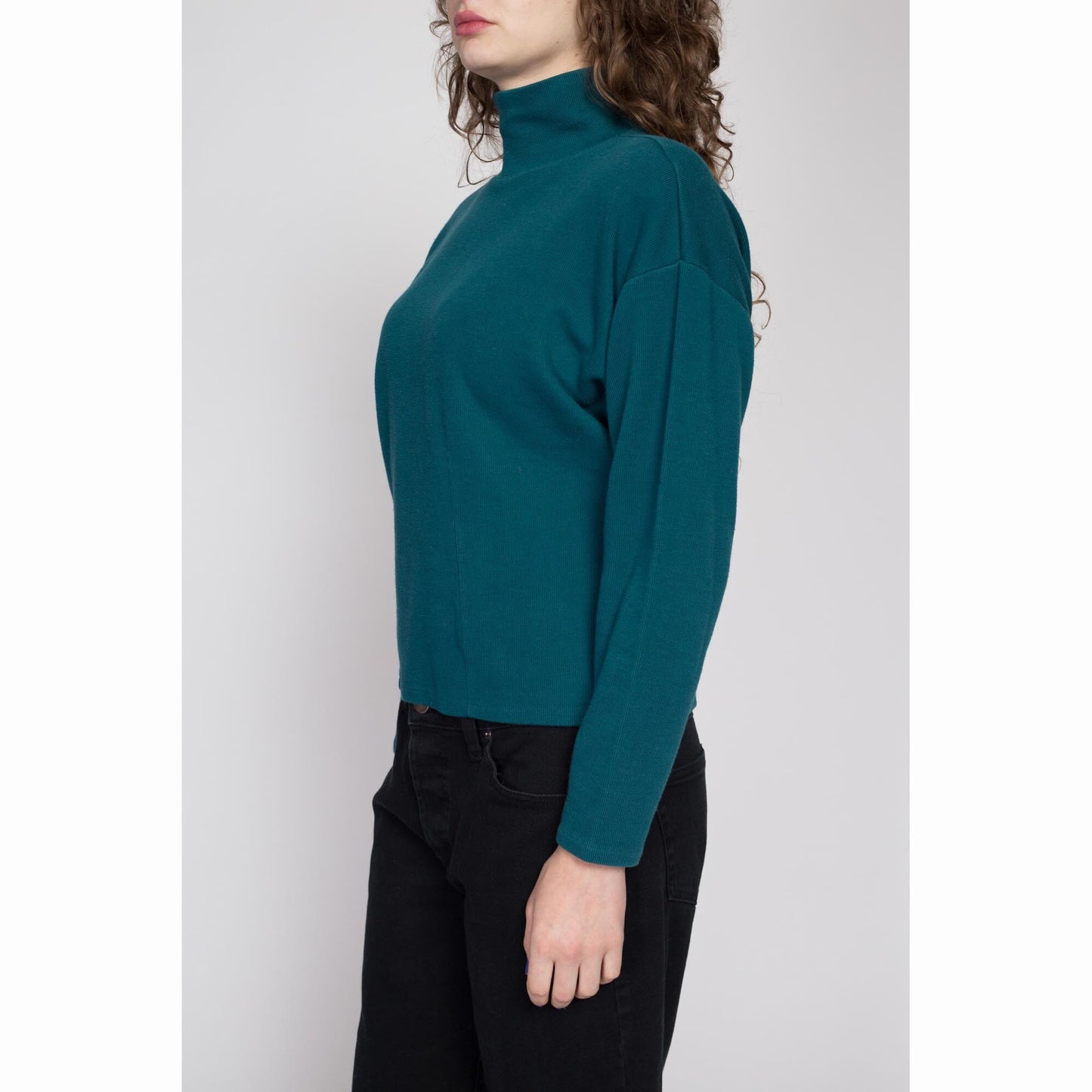 Large 90s Express Dark Teal Mockneck Top | Vintage Long Sleeve Minimalist Lightweight Sweater