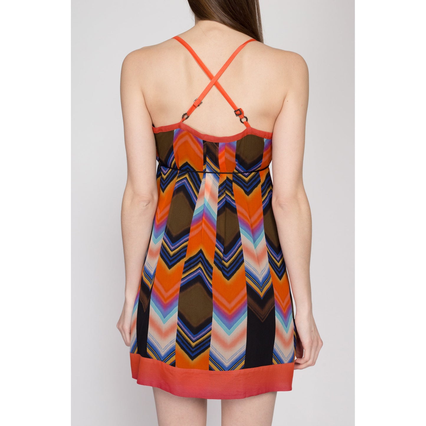 XS Y2K Guess Silk Chevron Mini Party Dress | Vintage Strappy Cross Back Striped Print A Line Dress