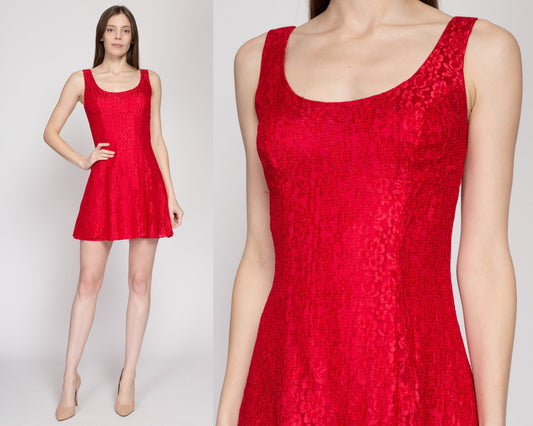 Small 90s Red Lace Mini Party Dress | Vintage Roberta Fit & Flare Sleeveless Scoop Neck Skater Dress