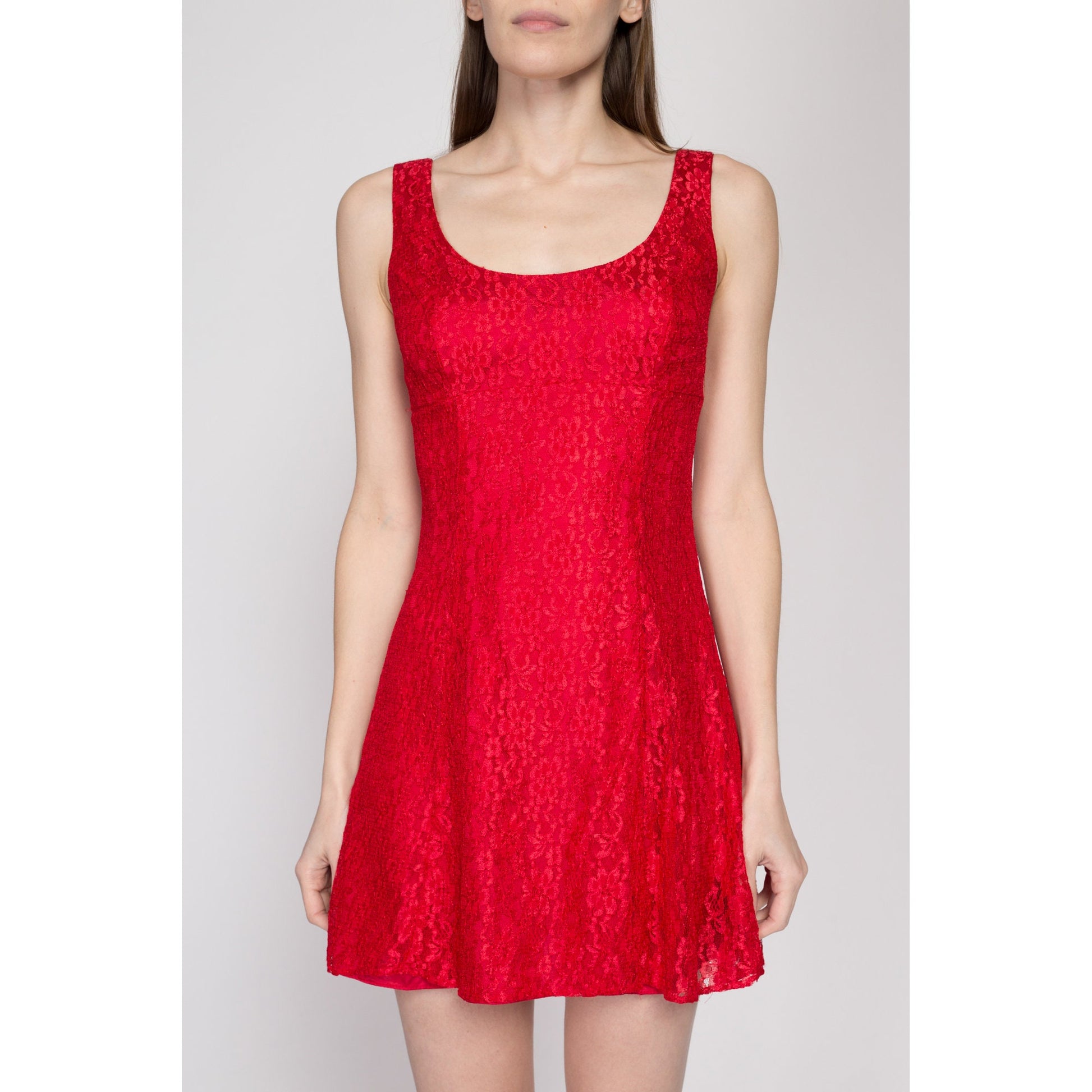 Small 90s Red Lace Mini Party Dress | Vintage Roberta Fit & Flare Sleeveless Scoop Neck Skater Dress