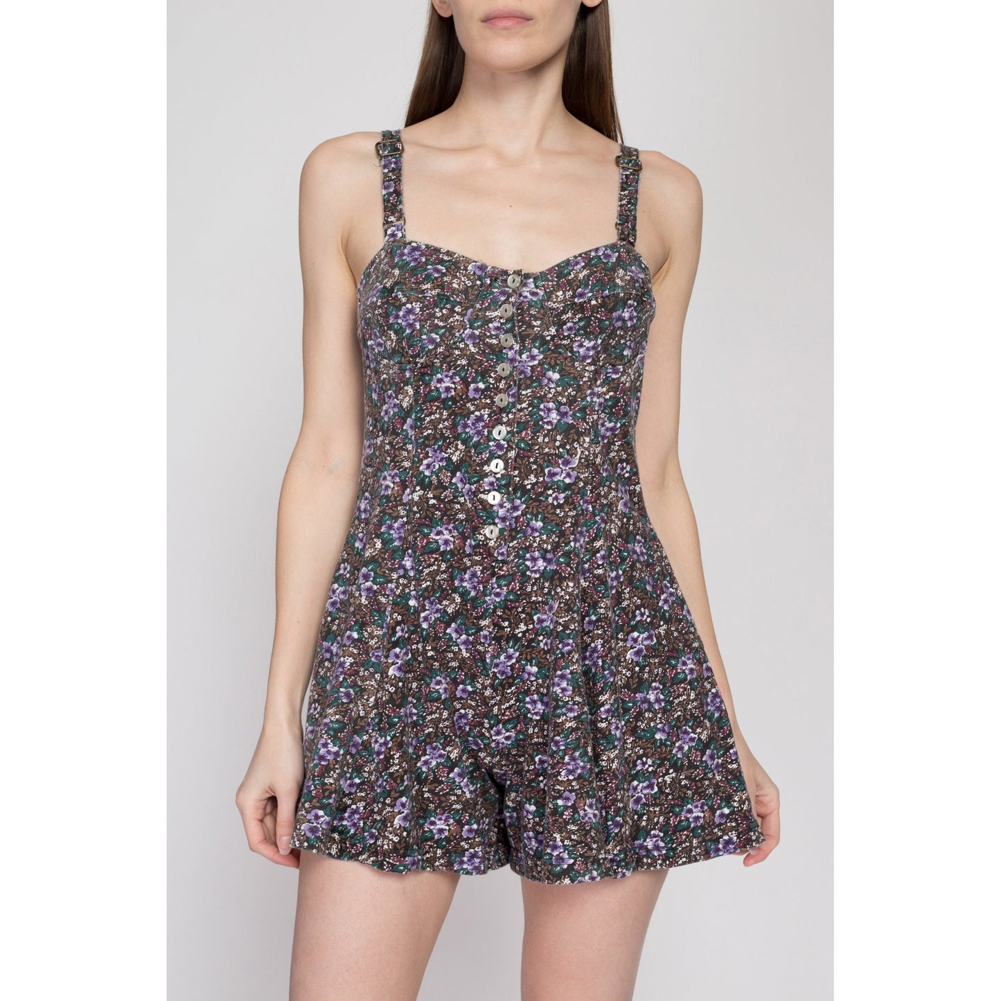 Petite Small 80s Floral Sweetheart Neck Button Front Romper | Vintage Energie Bi Currants Booho Grunge Sleeveless Playsuit