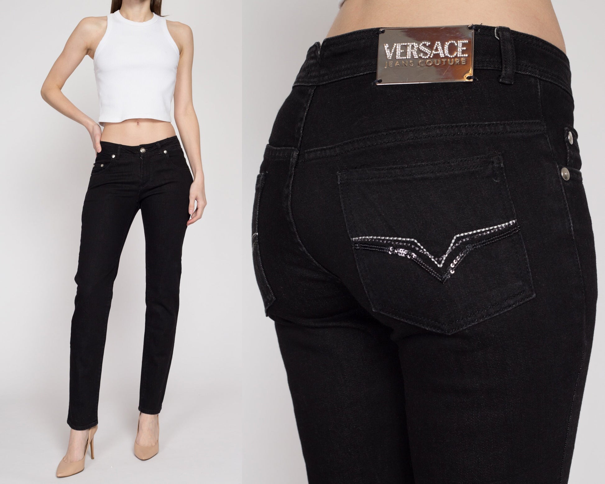Small Y2K Versace Jeans Couture Black Low Rise Skinny Jeans | Vintage 2000s Designer Stretchy Slim Jeans