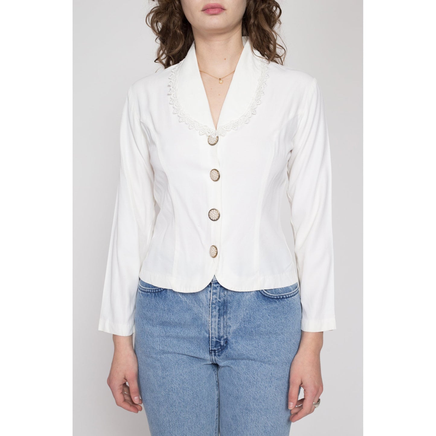 Small 80s White Sheer Panel Collared Blouse | Vintage Long Sleeve Button Up Secretary Top