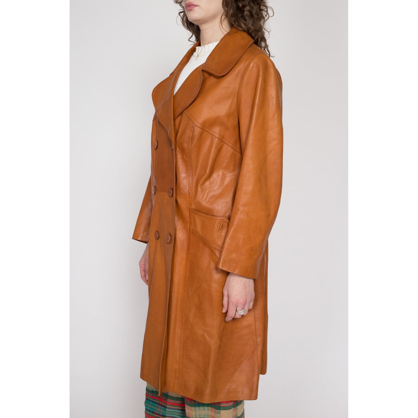 Large 70s Caramel Brown Long Leather Jacket | Vintage British Tan Double Breasted Button Up Rounded Notched Collar Trench Coat