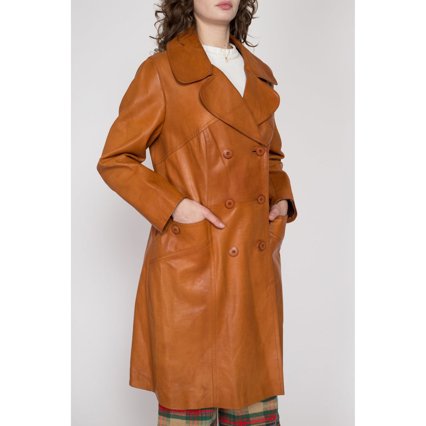 Large 70s Caramel Brown Long Leather Jacket | Vintage British Tan Double Breasted Button Up Rounded Notched Collar Trench Coat