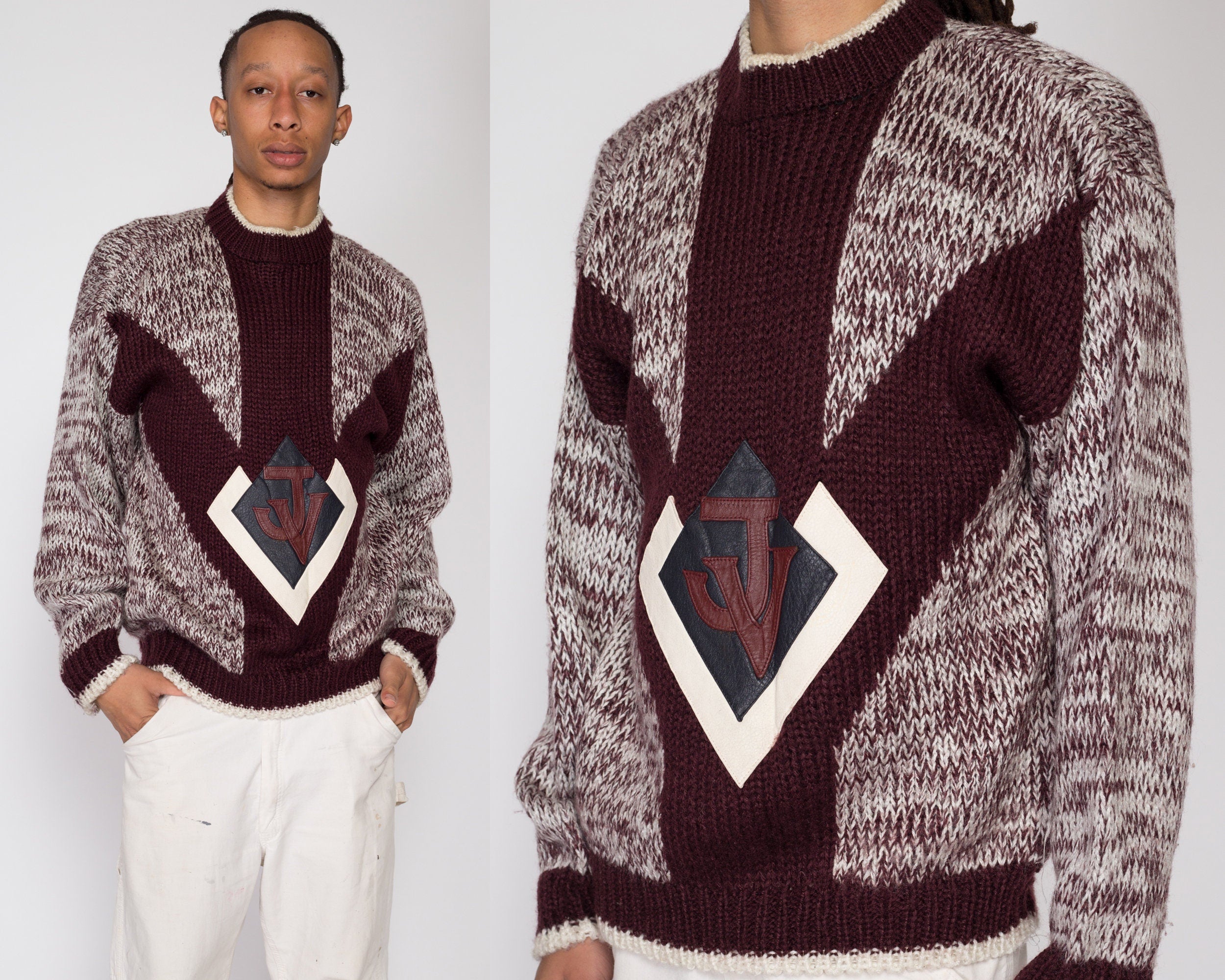 Medium 80s Marled Knit Leather Trim Logo Sweater – Flying Apple ...