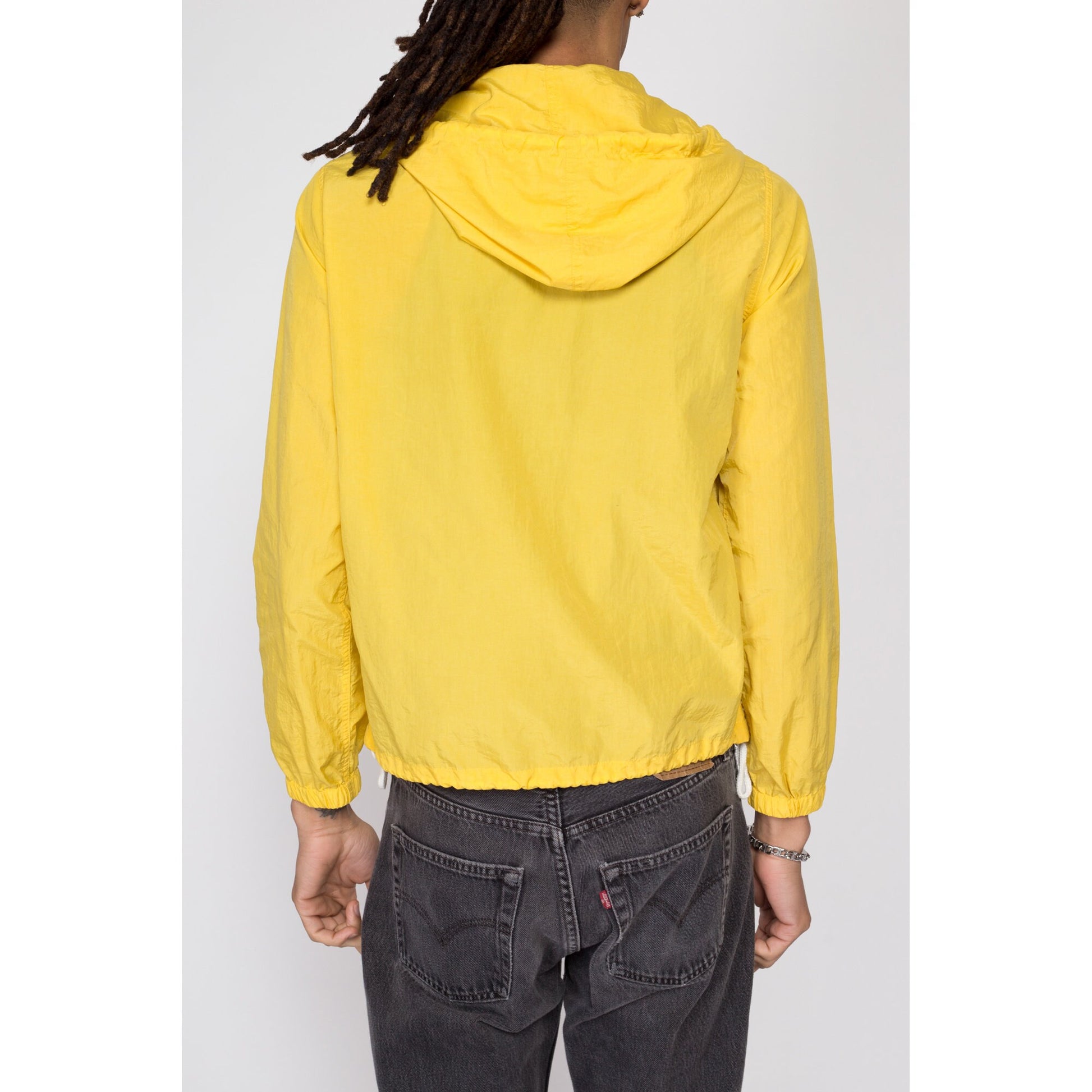 Small Y2K Yellow Hooded Windbreaker | Vintage Lightweight Zip Up Drawstring Waist Jacket