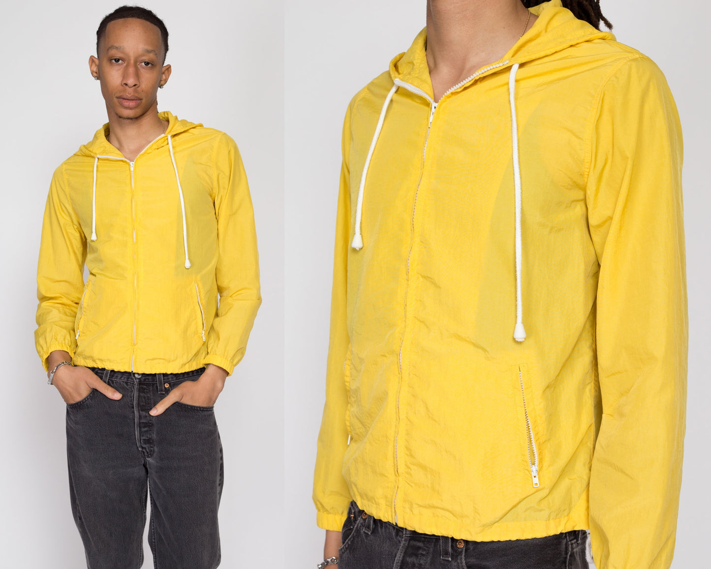 Small Y2K Yellow Hooded Windbreaker | Vintage Lightweight Zip Up Drawstring Waist Jacket