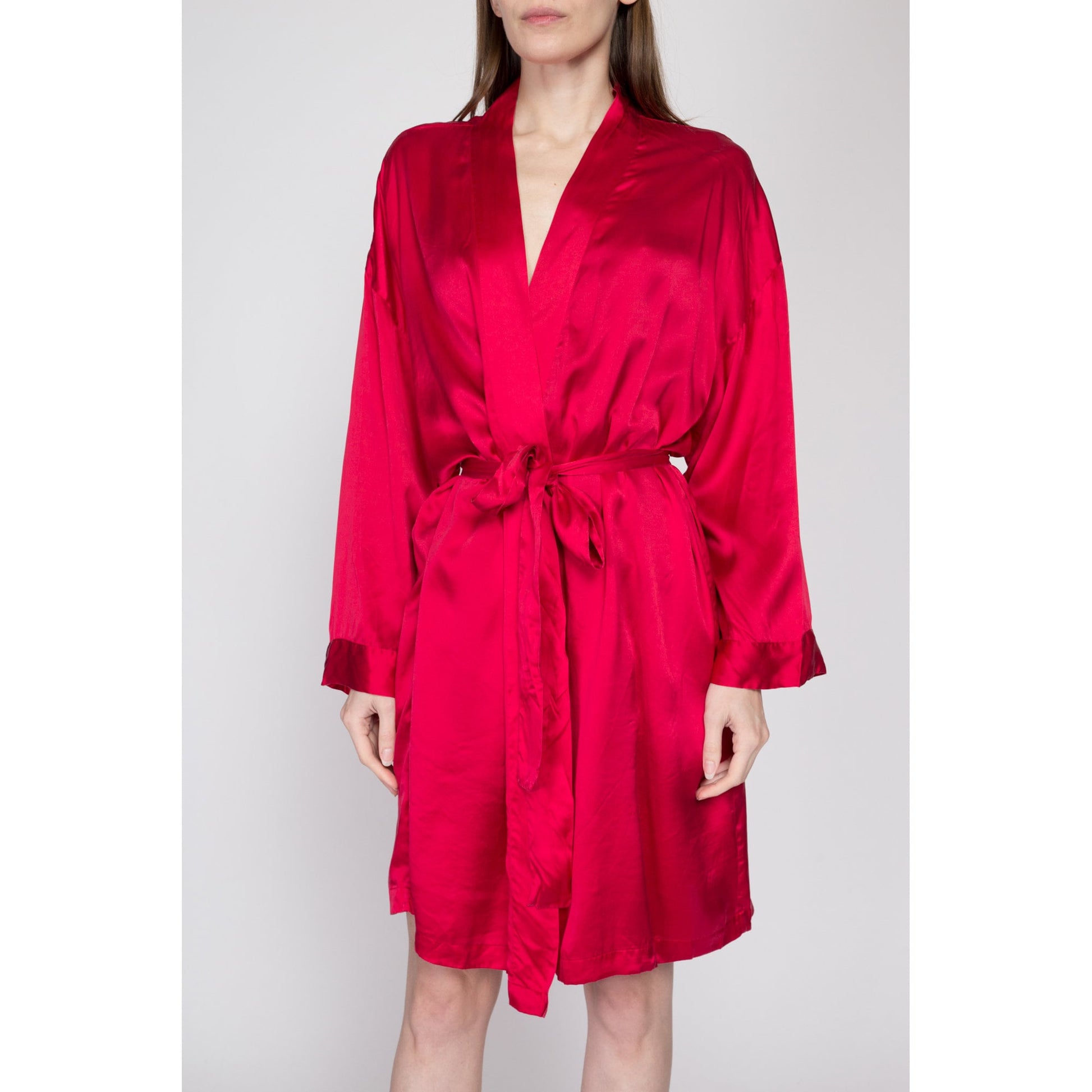 Med-Lrg 90s Victoria's Secret Red Silk Robe | Vintage Boho Belted Loungewear Mini Kimono