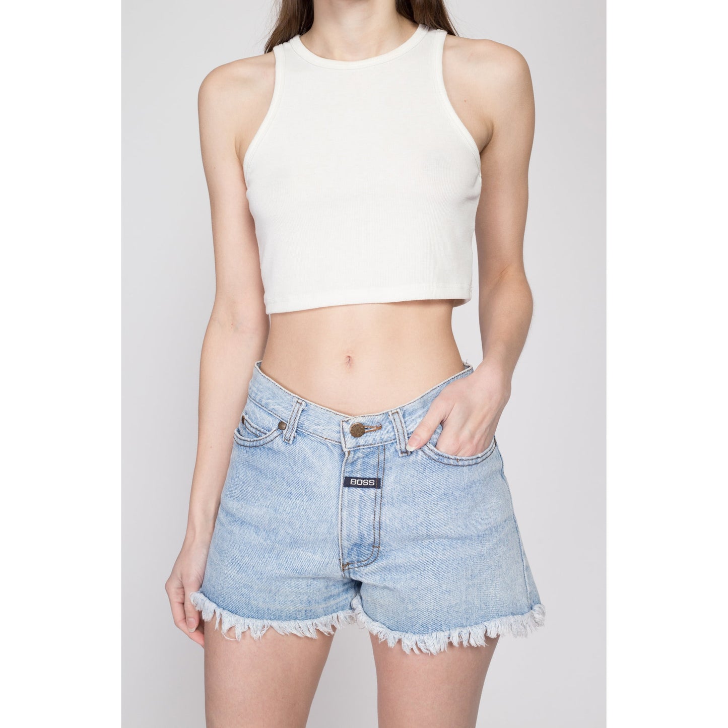 Small 90s Boss Light Wash Jean Shorts | Vintage Cutoff Denim Mid Rise Shorts