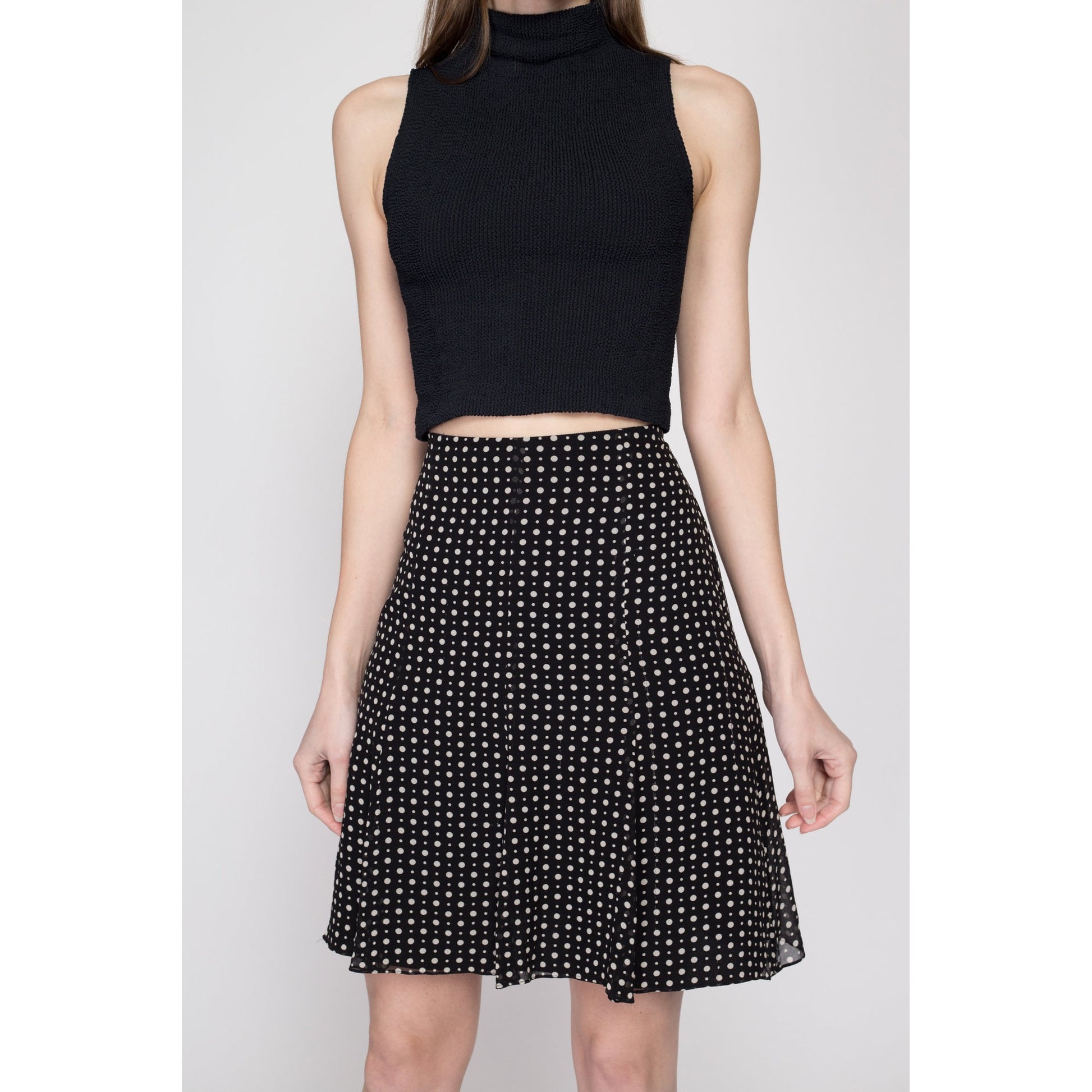 Small Y2K Black & White Silk Skirt | Vintage Express A Line Knee Length Mini Skirt