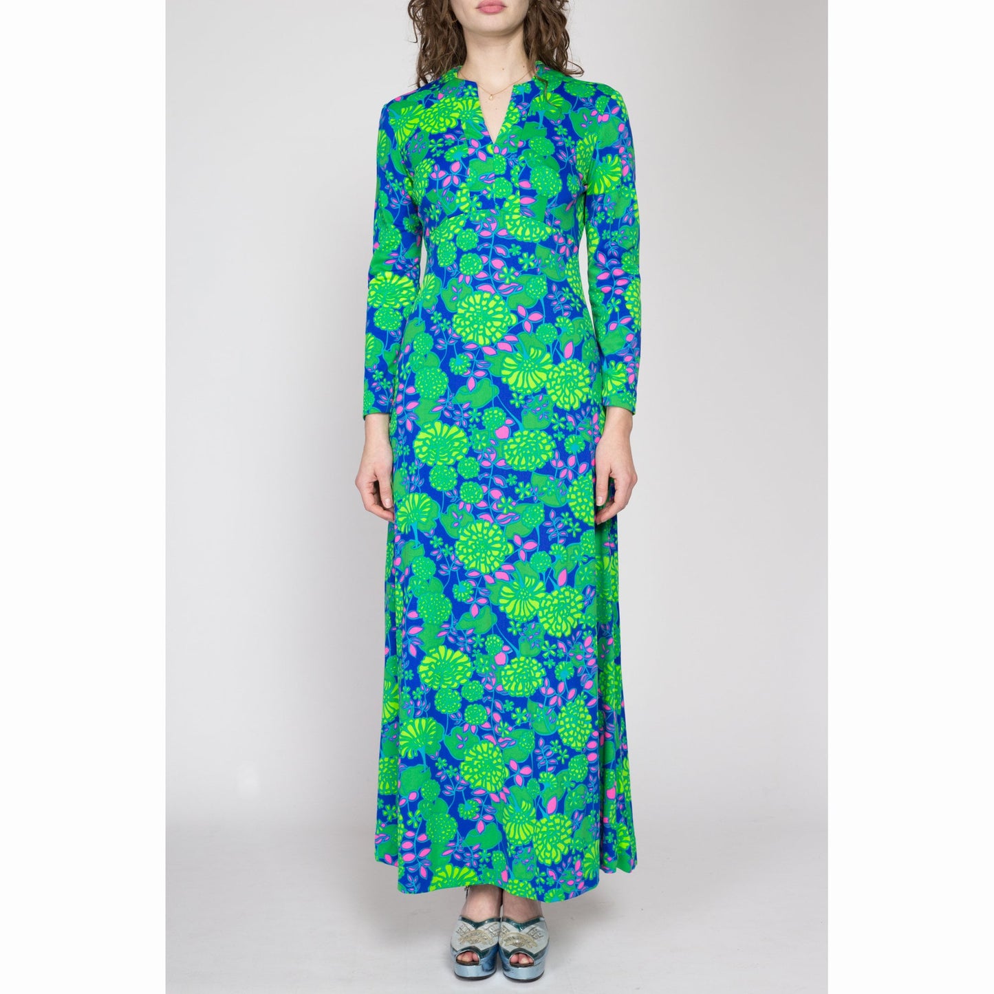 Small 70s Keram New York Psychedelic Floral Maxi Dress | Vintage Green Blue Neon Long Sleeve Disco Party Dress