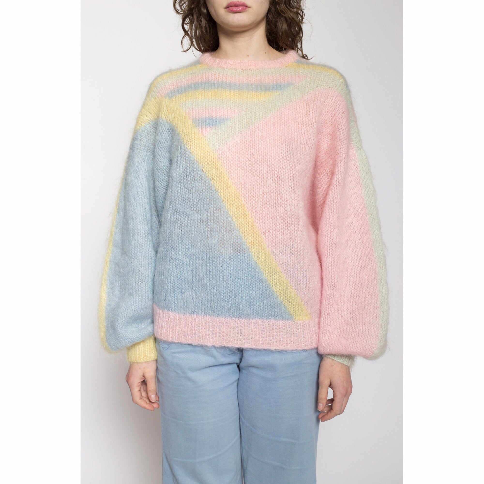 Medium 80s Pastel Color Block Mohair Knit Sweater