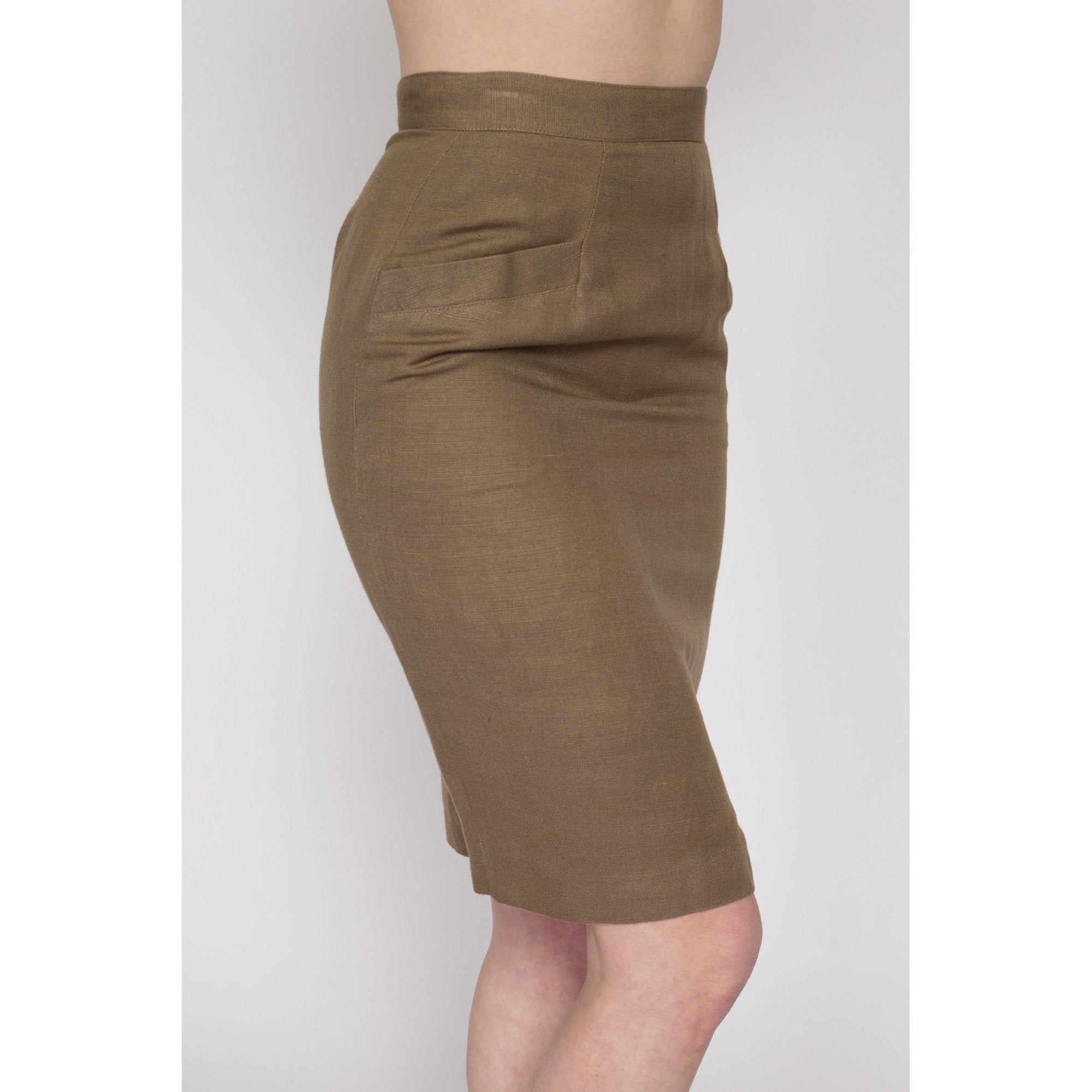 Small 90s Khaki Brown Linen Pencil Skirt 26 Flying Apple Vintage