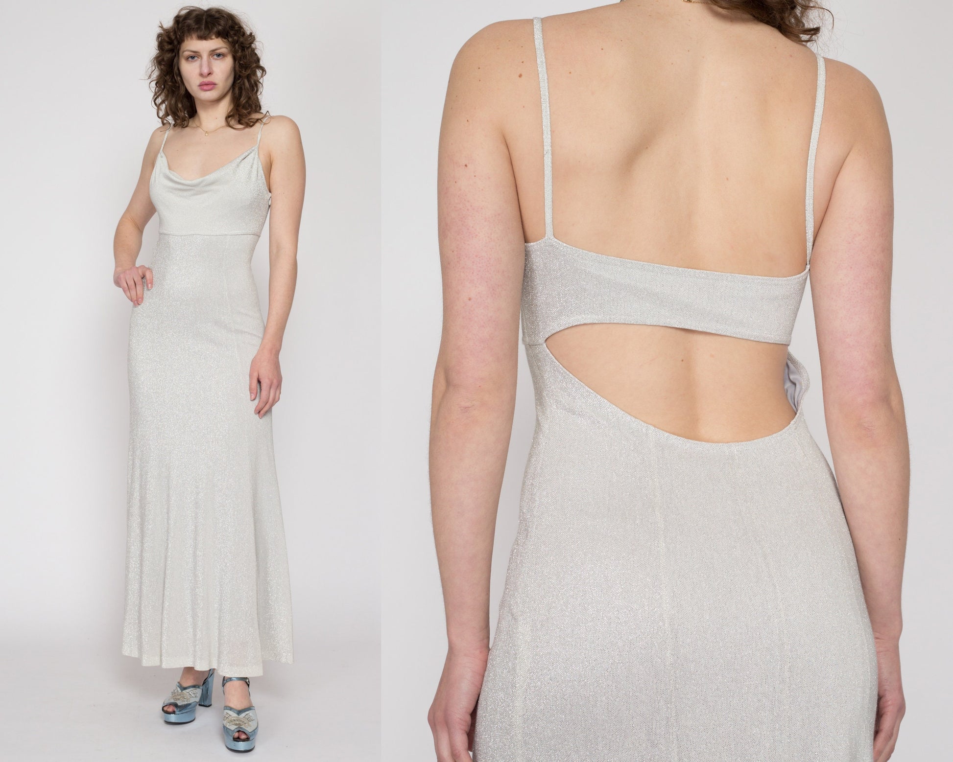 Medium 90s Silver Metallic Keyhole Back Formal Maxi Dress | Vintage Spaghetti Strap Cowl Neck Open Back A Line Evening Gown