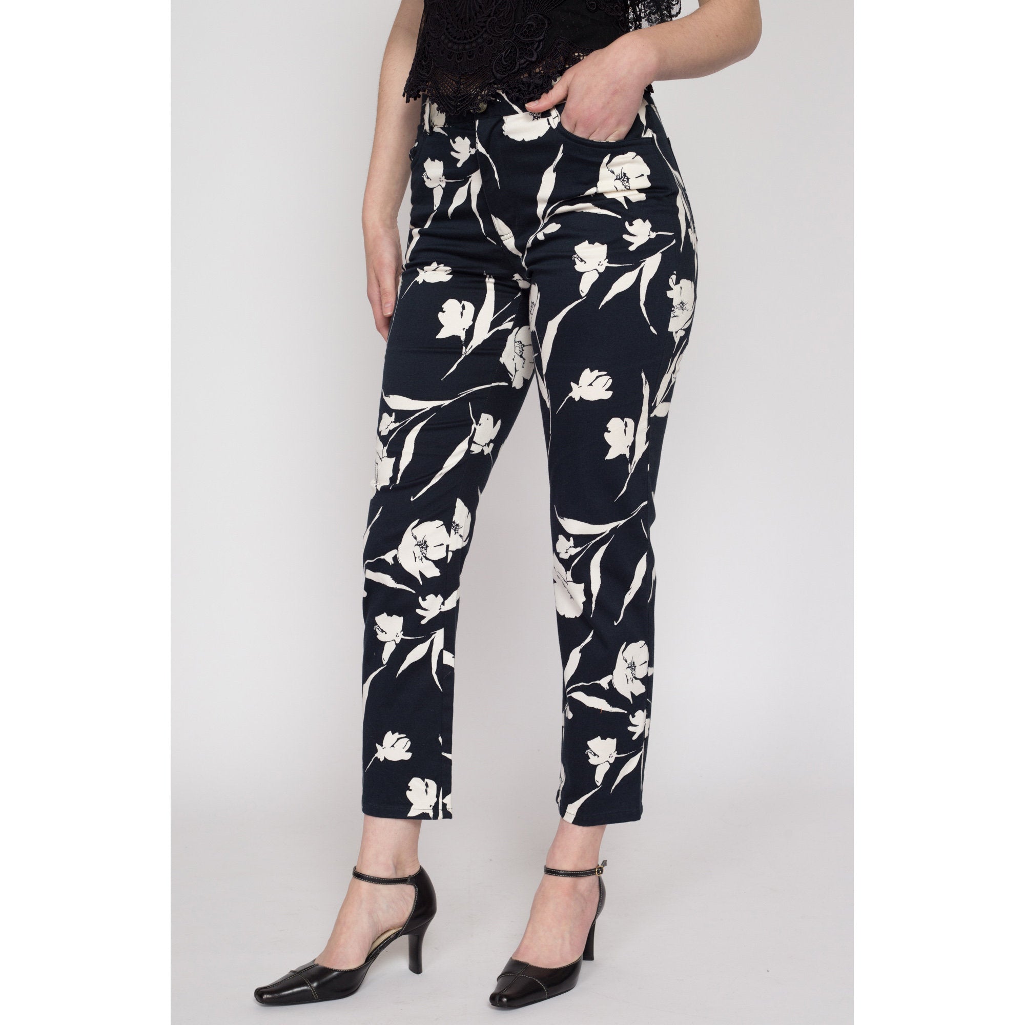 Small 90s Ralph Lauren Black White Floral Pants Petite Flying Apple Vintage