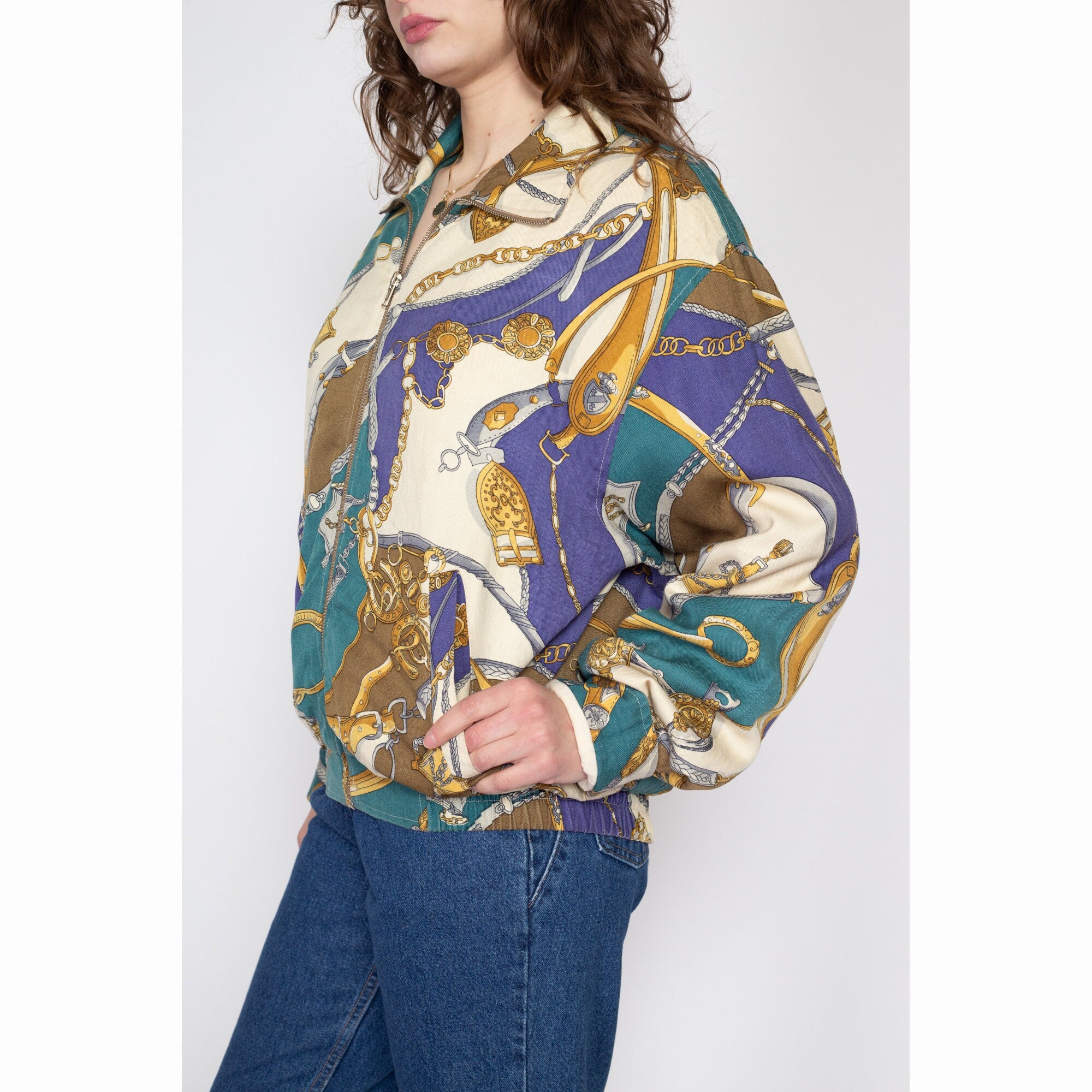 Vintage 90's Silkworm Royalty Baroque deals Jacket Large Abstract Pop Art Luxury Style Novelty Baroque Gold Chain Psychedelic Bomber Jacket Size L