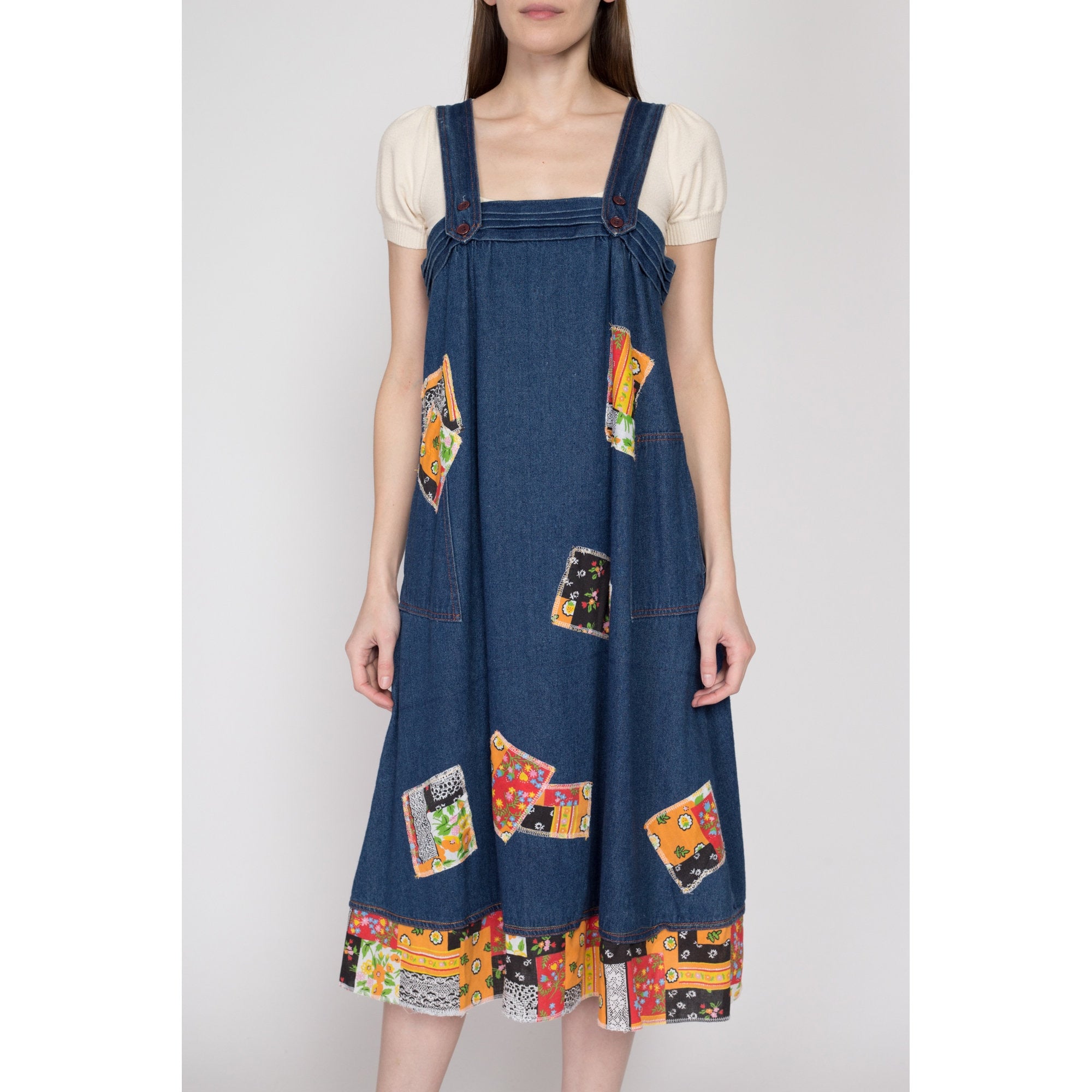 Vintage 70’s Embroidered Pinafore Denim Dress, selling 28” S/M