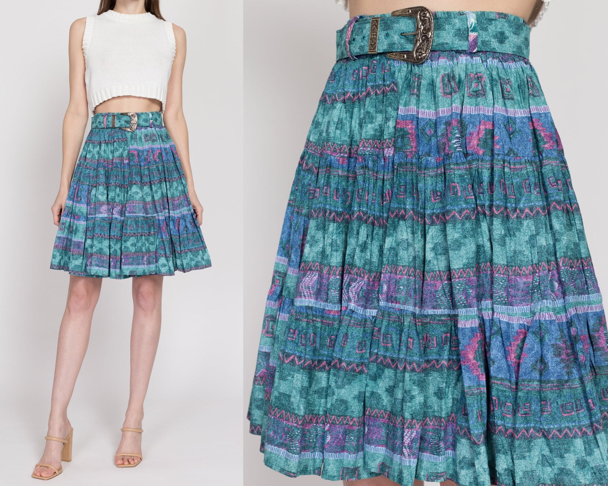 XS-Med 90s Southwestern Square Dance Skirt | Vintage Rockabilly Western Belted Circle Skirt