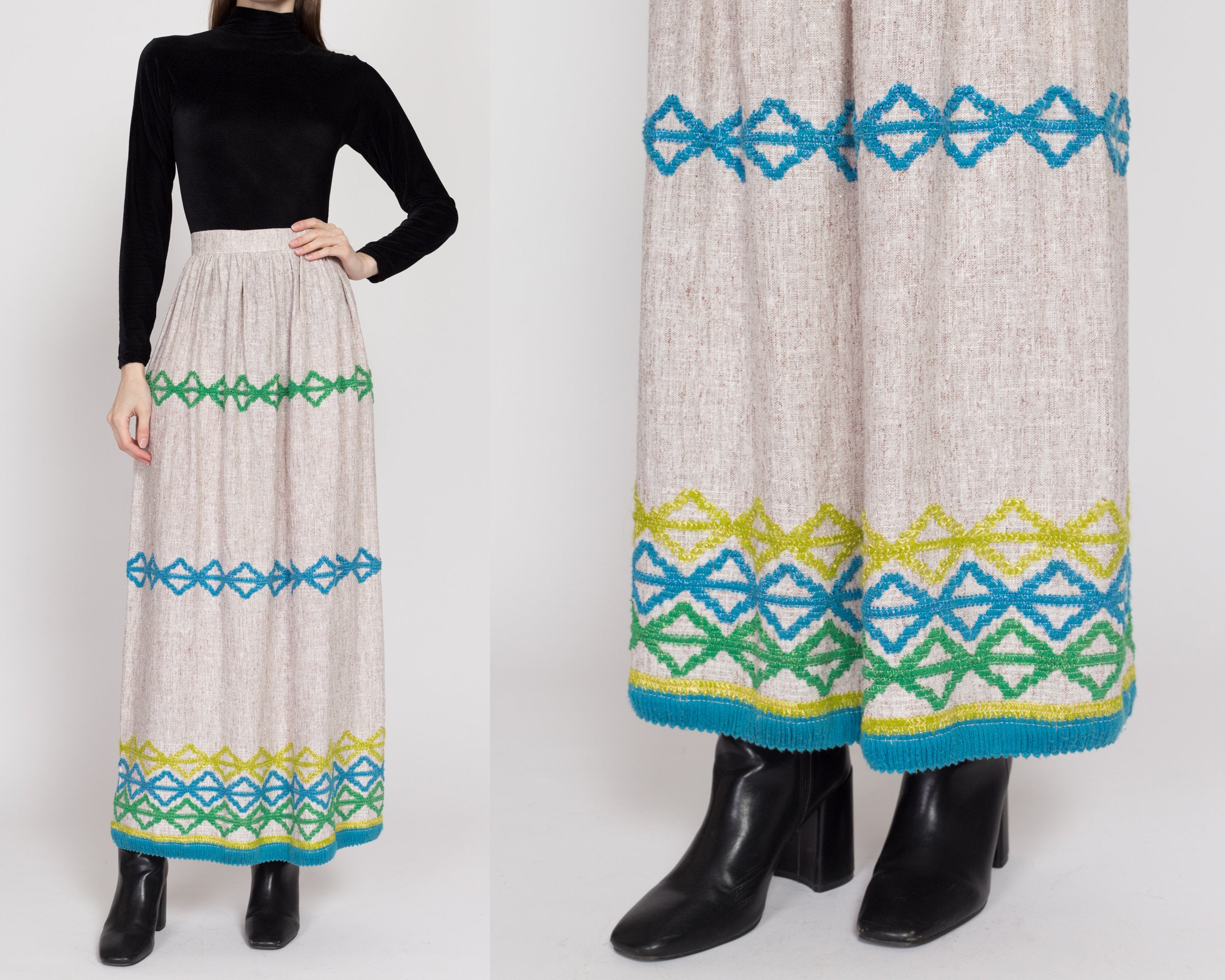 XS 70s Boho Embroidered Woven Maxi Skirt 24.5 Flying Apple Vintage