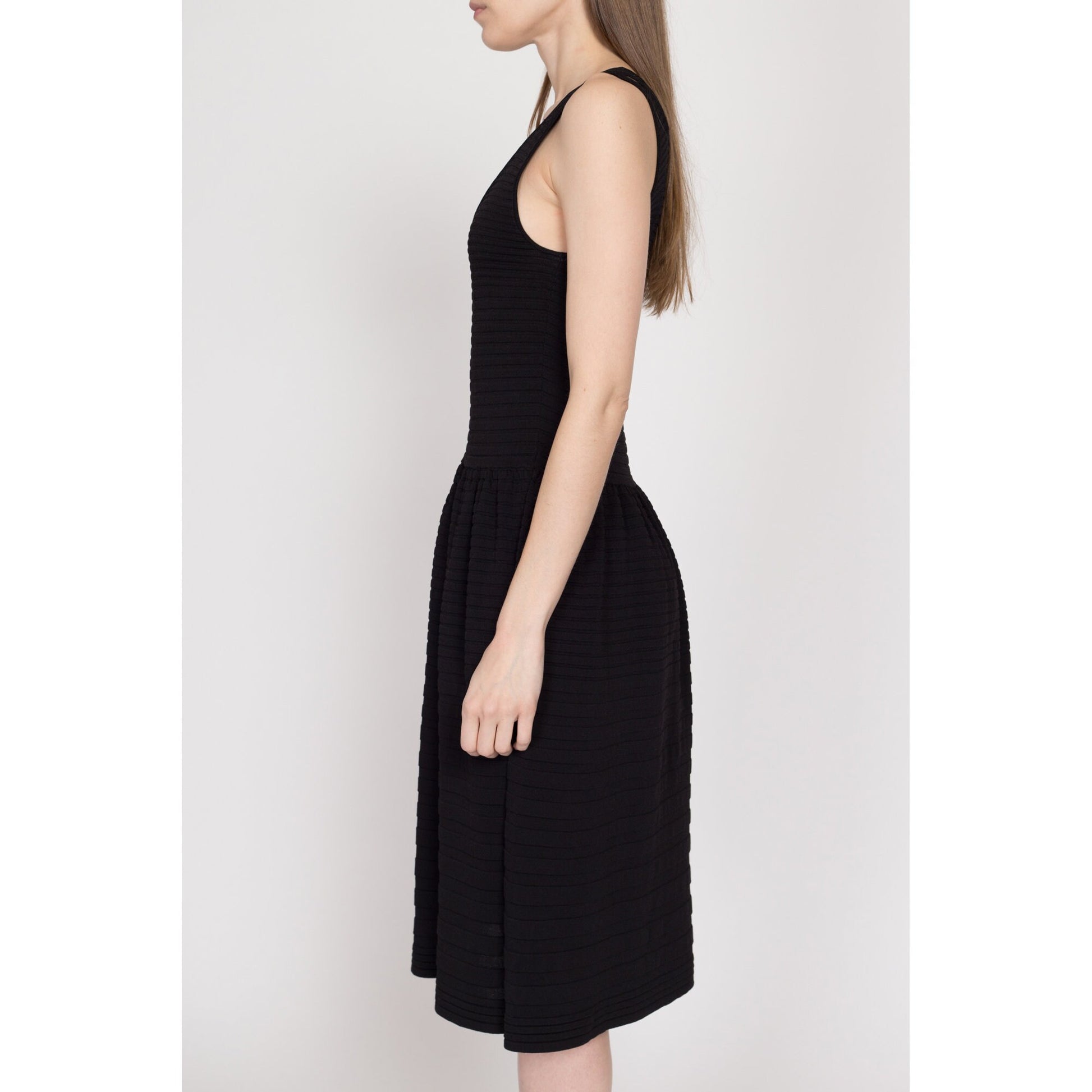 XS Vintage Gerard Darel Black Ribbed Midi Dress | Vintage French Designer Semi Sheer Double Strap Fit & Flare Dress