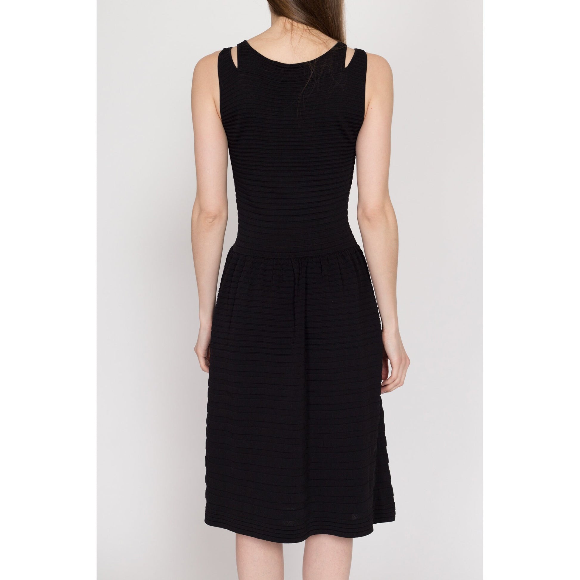 XS Vintage Gerard Darel Black Ribbed Midi Dress | Vintage French Designer Semi Sheer Double Strap Fit & Flare Dress