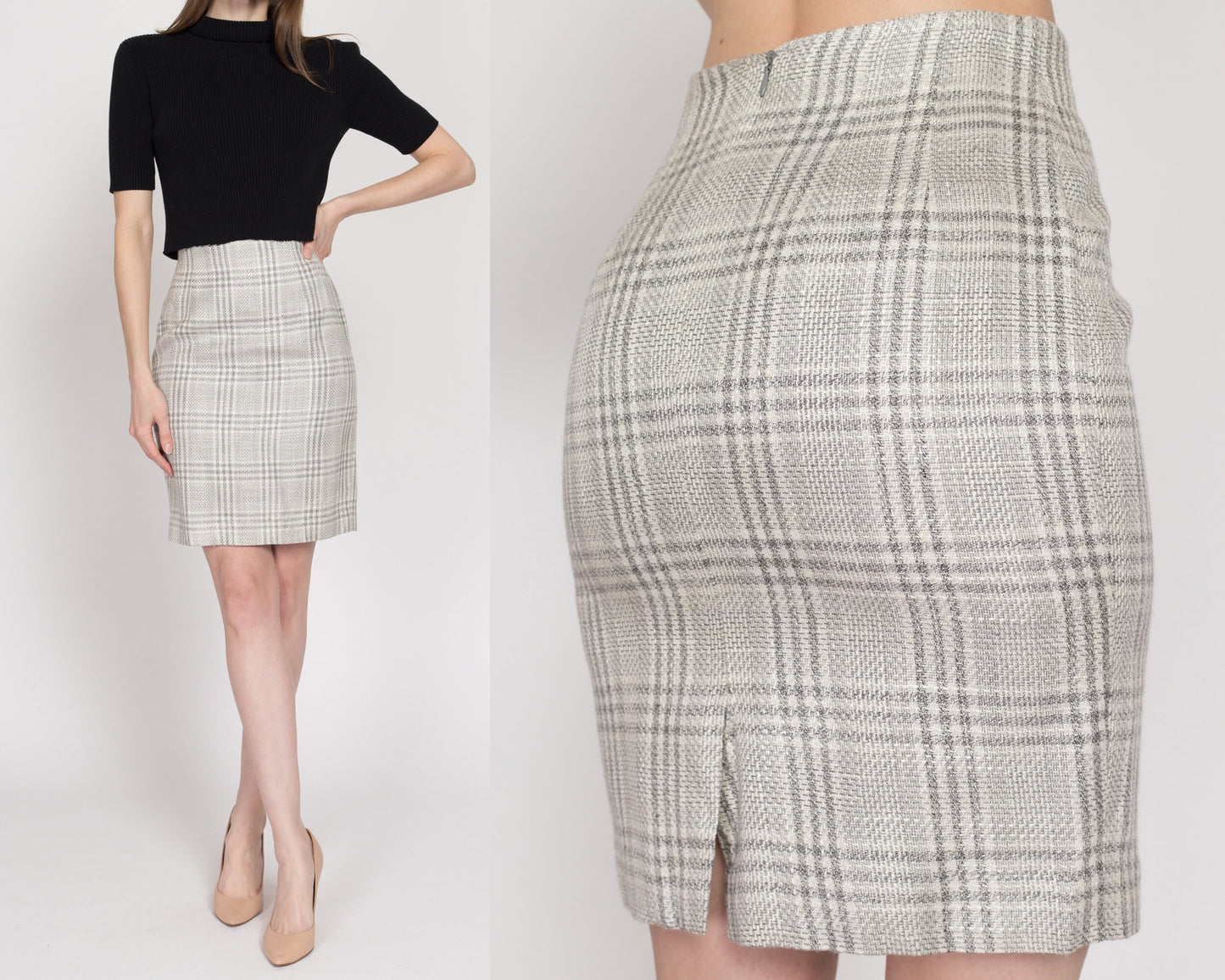 XS 90s Grey Plaid Woven Mini Pencil Skirt 24" | Vintage High Waisted Fitted Skirt