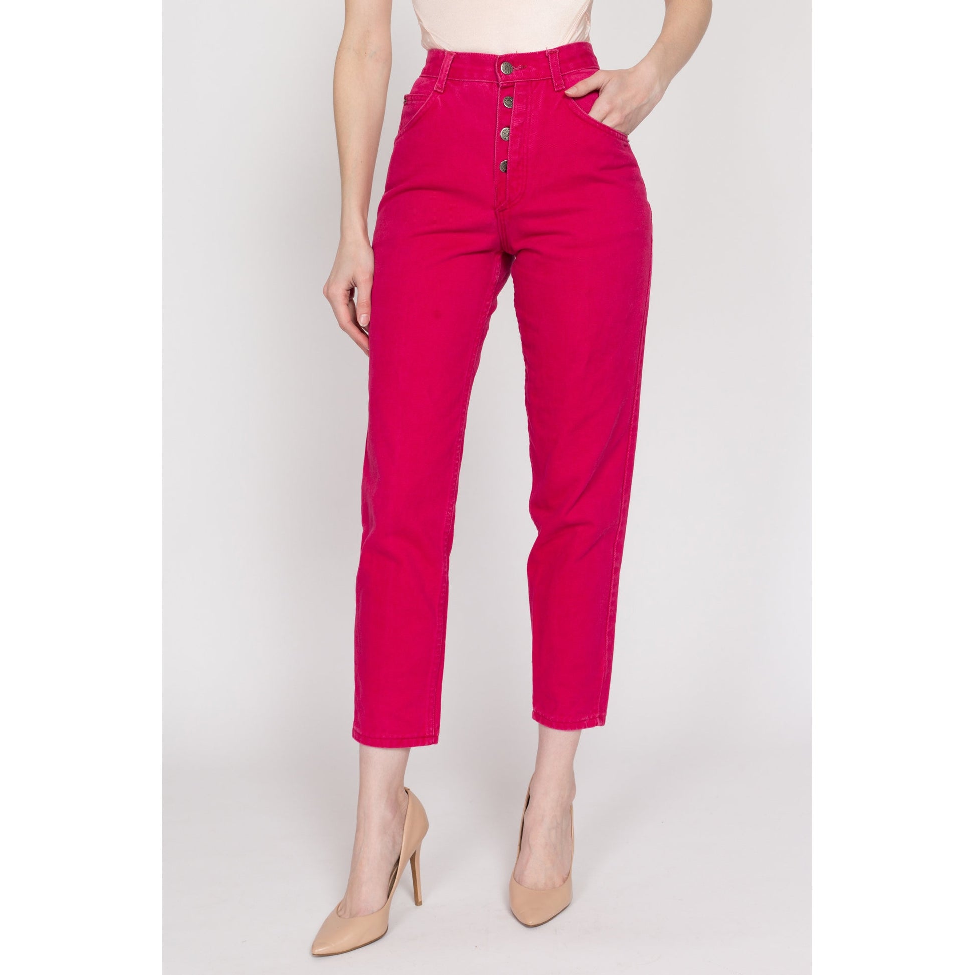 XS 90s Hot Pink Exposed Button Fly Jeans 23.5" | Vintage High Waisted Denim Tapered Leg Mom Jeans