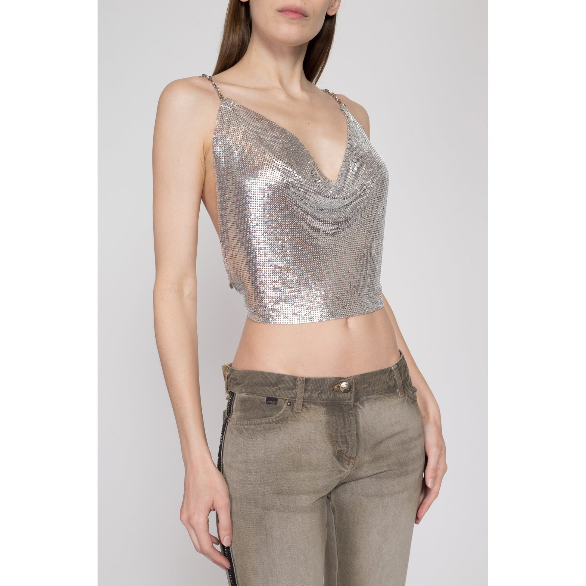 XS-Med 90s Silver Chainmail Backless Crop Top