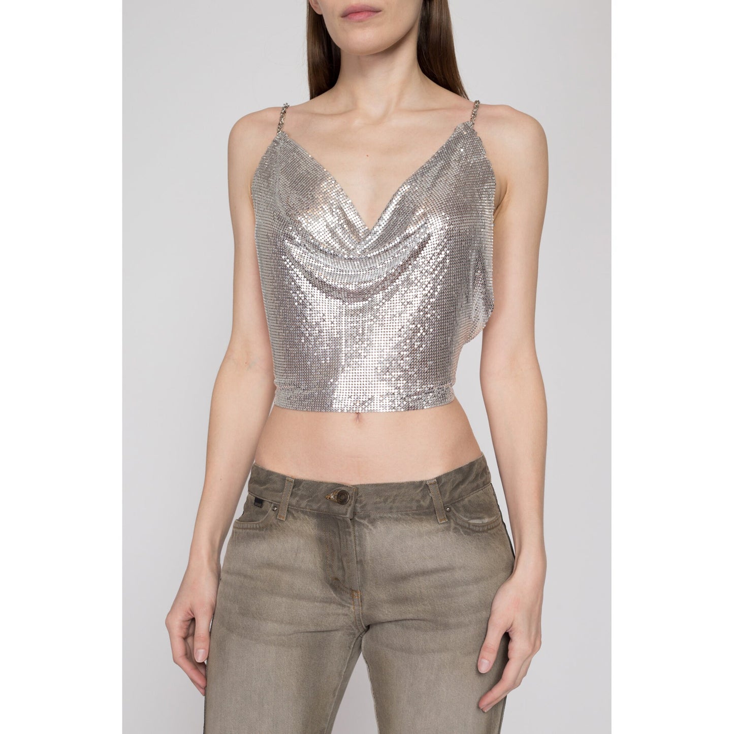 Chainmail Halter Neck Metalic Crop Top Silver