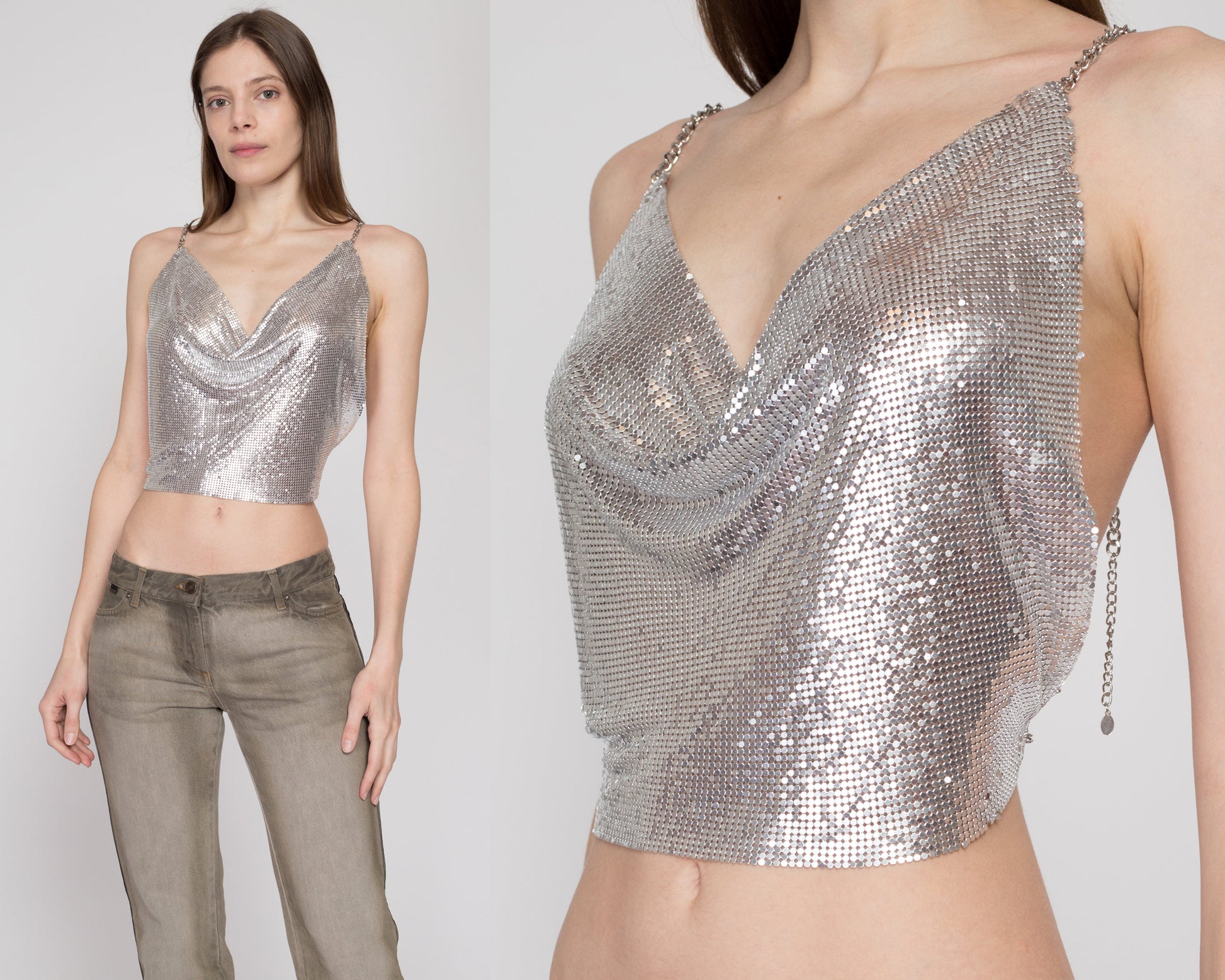 Silver Chain Mail Cowl Neck Crop Top, Tops