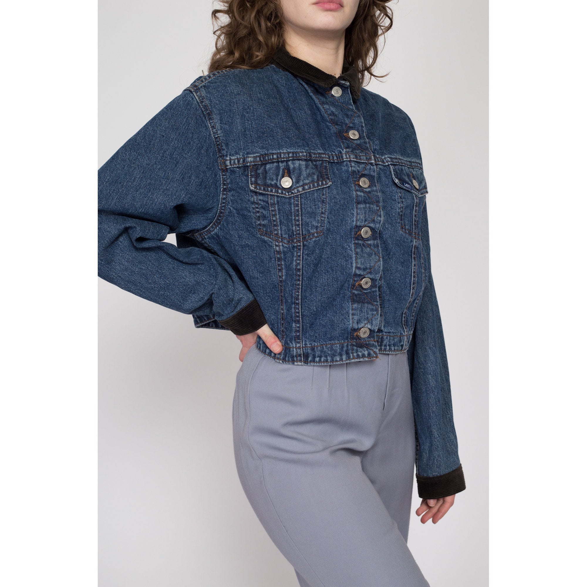 Large 80s Lee Cropped Jean Corduroy Collar Jacket Flying Apple Vintage