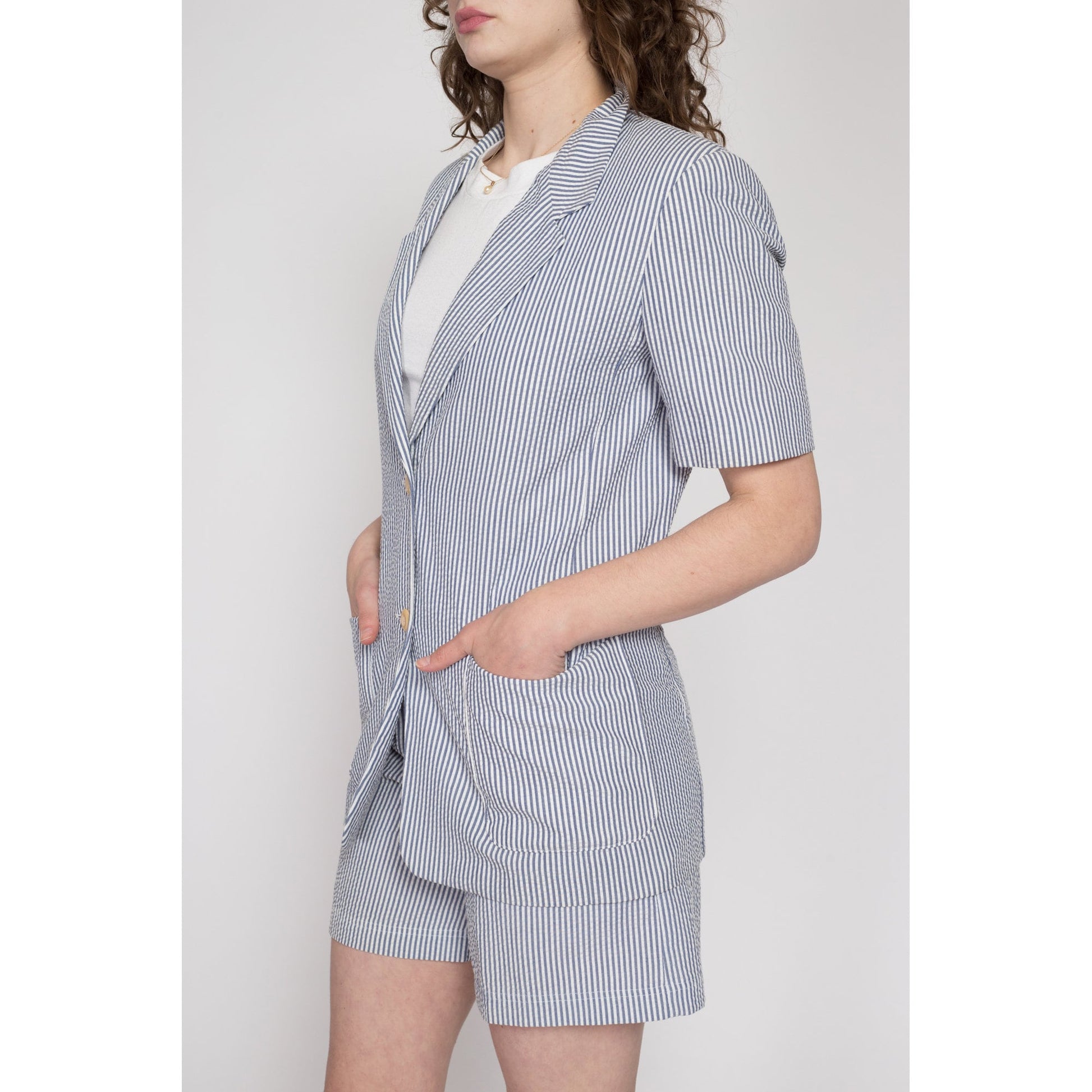 Small Y2K Seersucker Shorts & Blazer Matching Set | Vintage Preppy Blue White Striped Summer Two Piece Outfit