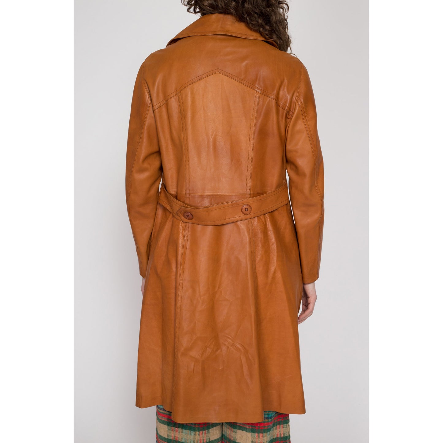 Large 70s Caramel Brown Long Leather Jacket | Vintage British Tan Double Breasted Button Up Rounded Notched Collar Trench Coat